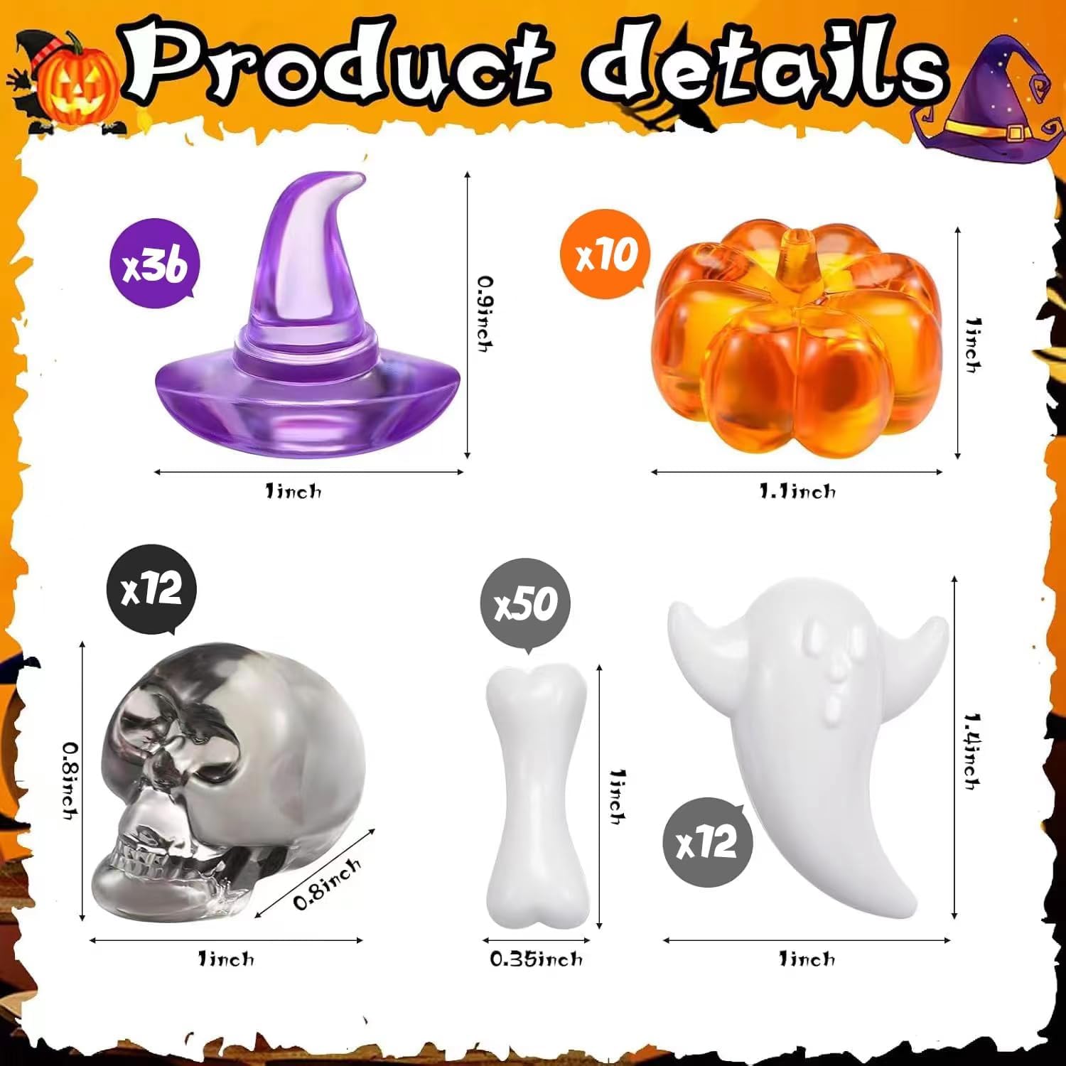 120 Pcs Mini Acrylic Pumpkin Small Witch Hats Skull Head Skeleton Bones Cute Ghost Ornaments Mini Acrylic Halloween Party Vase Filler Bones Crafts Skeleton Costume Pirate Cave Tomb Treasure Decor image 2