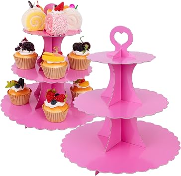 3-Tier Cupcake Stand 2 Pack Dessert Cup Cake Stand Tower Paper Round Cake Display Serving Plate for Anniversary Christening Disposable Pastry Holder for Birthday Wedding Party Decoration Rose