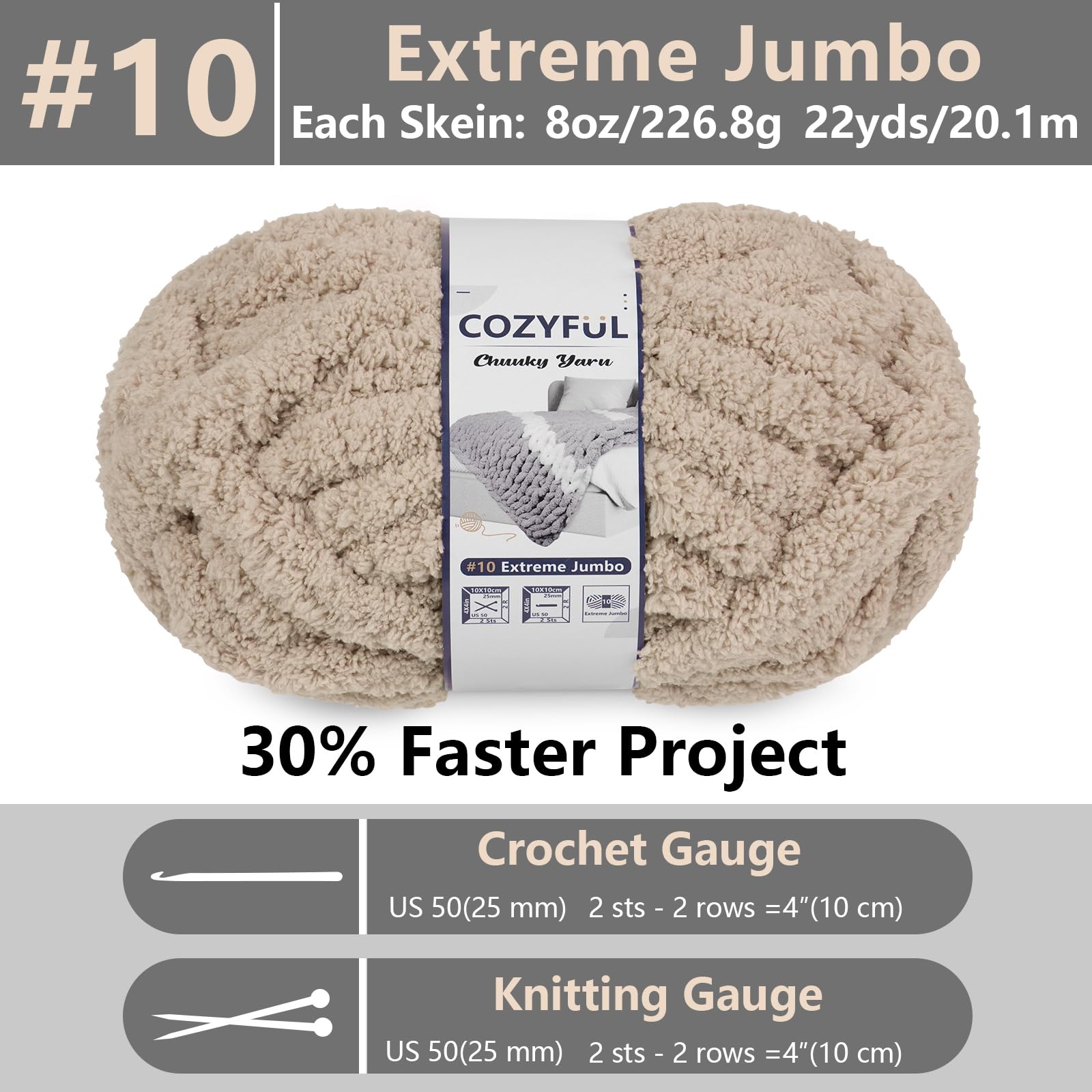 Cozyful #10 - Hilo grueso para tejer a mano, hilo de felpilla grueso, tamaño jumbo, grueso para ganchillo, hilo para manta de punto grueso súper voluminoso, 8 madejas (25 yardas 8 onzas cada madeja),