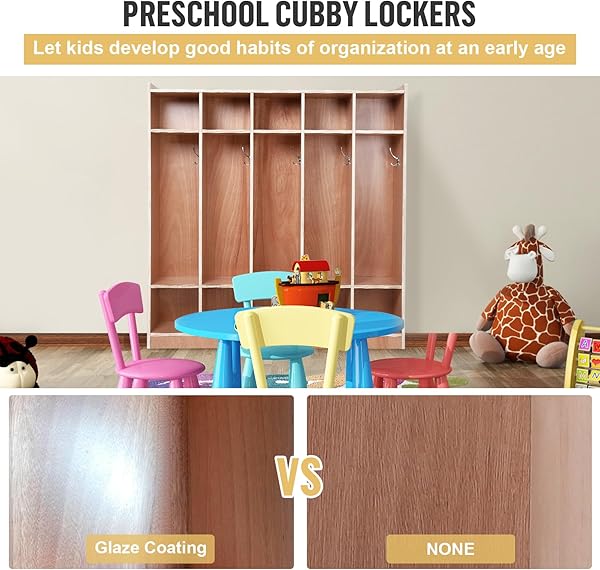 Finished 5-Section Coat Locker with 10 Cubbies, 2 Anti-Tip Kits, 4 Casters & 2 Storage Boxes, Wooden Classroom Storage Organizer for Daycare & Home Use - 4