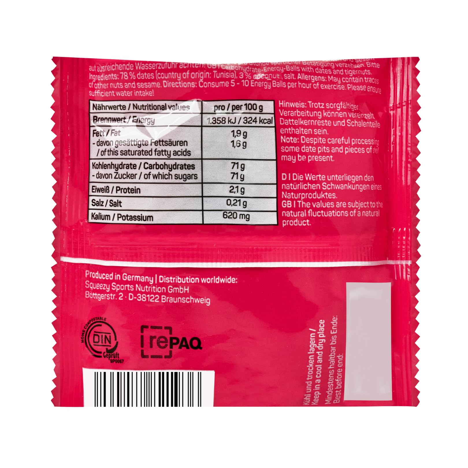 Squeezy Energy Balls (Dattel/Kokosnuss) 10x50g – High-Carb Ausdauersnack mit 71 g Kohlenhydraten | Mit Natrium & Kalium | Fettarm | Kompostierbare Verpackung | Ideal für Sport & unterwegs