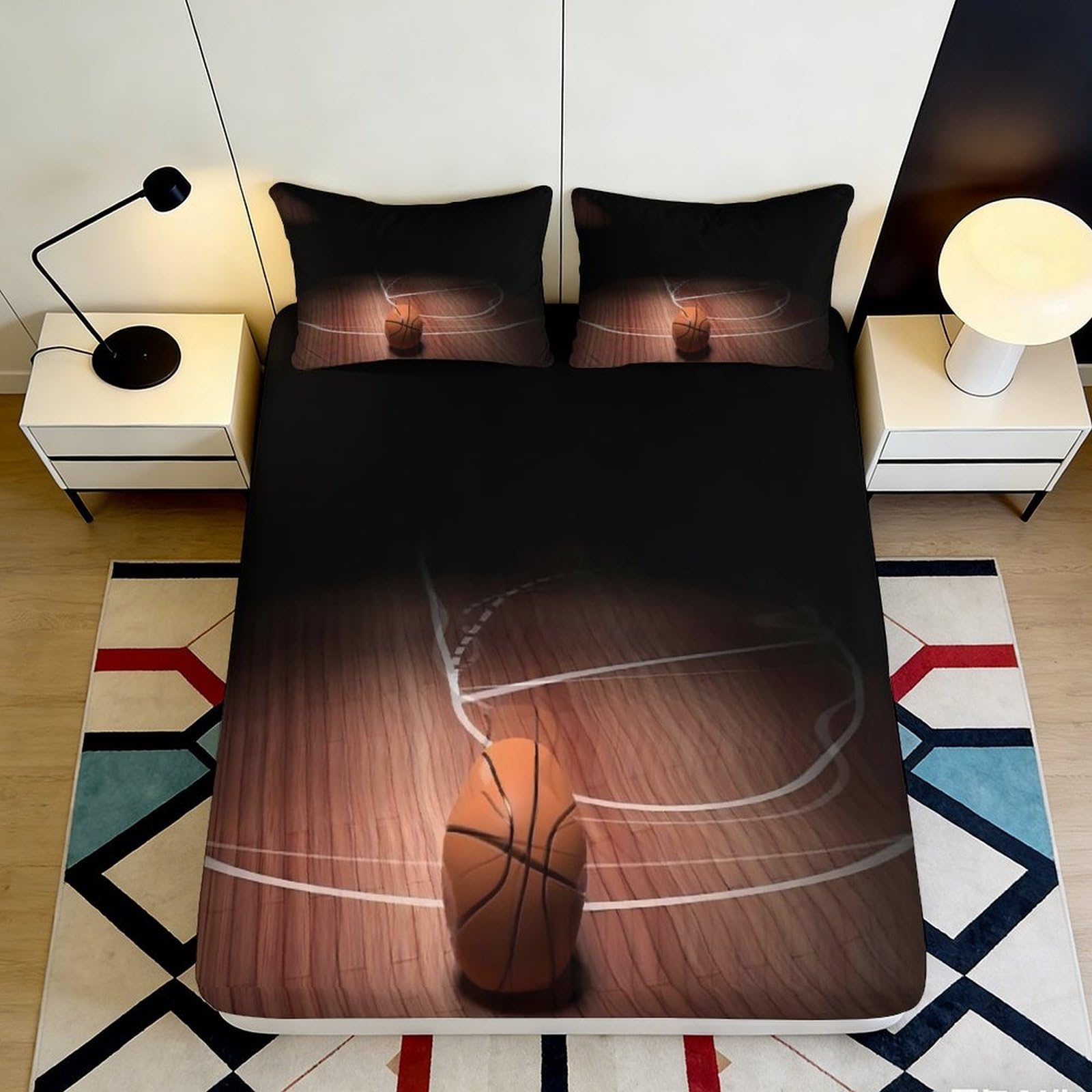 Zfldkwgb Style-5 3D Printed Basketball Court Fitted Sheet Microfiber Soft Decor Black Orange Bed Cover For Bedroom Guestroom Dorm 90X200x25cm