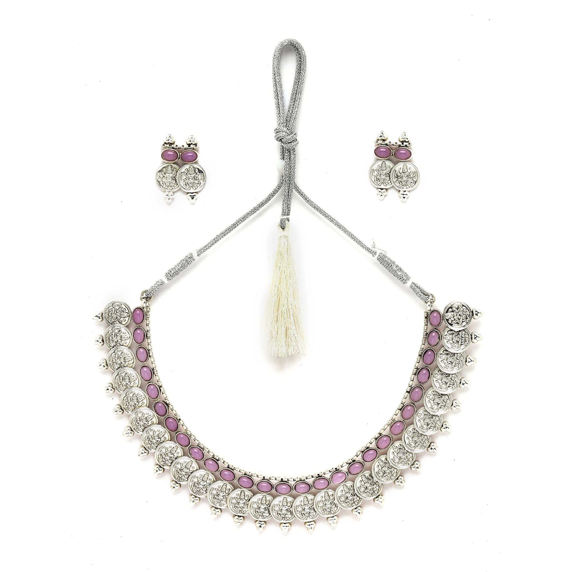 ZENEME New Antique Oxidised Silver Plated Traditional Temple Coin Red American Diamond Studded Necklace With Earrings Jewellery For Women & Girls