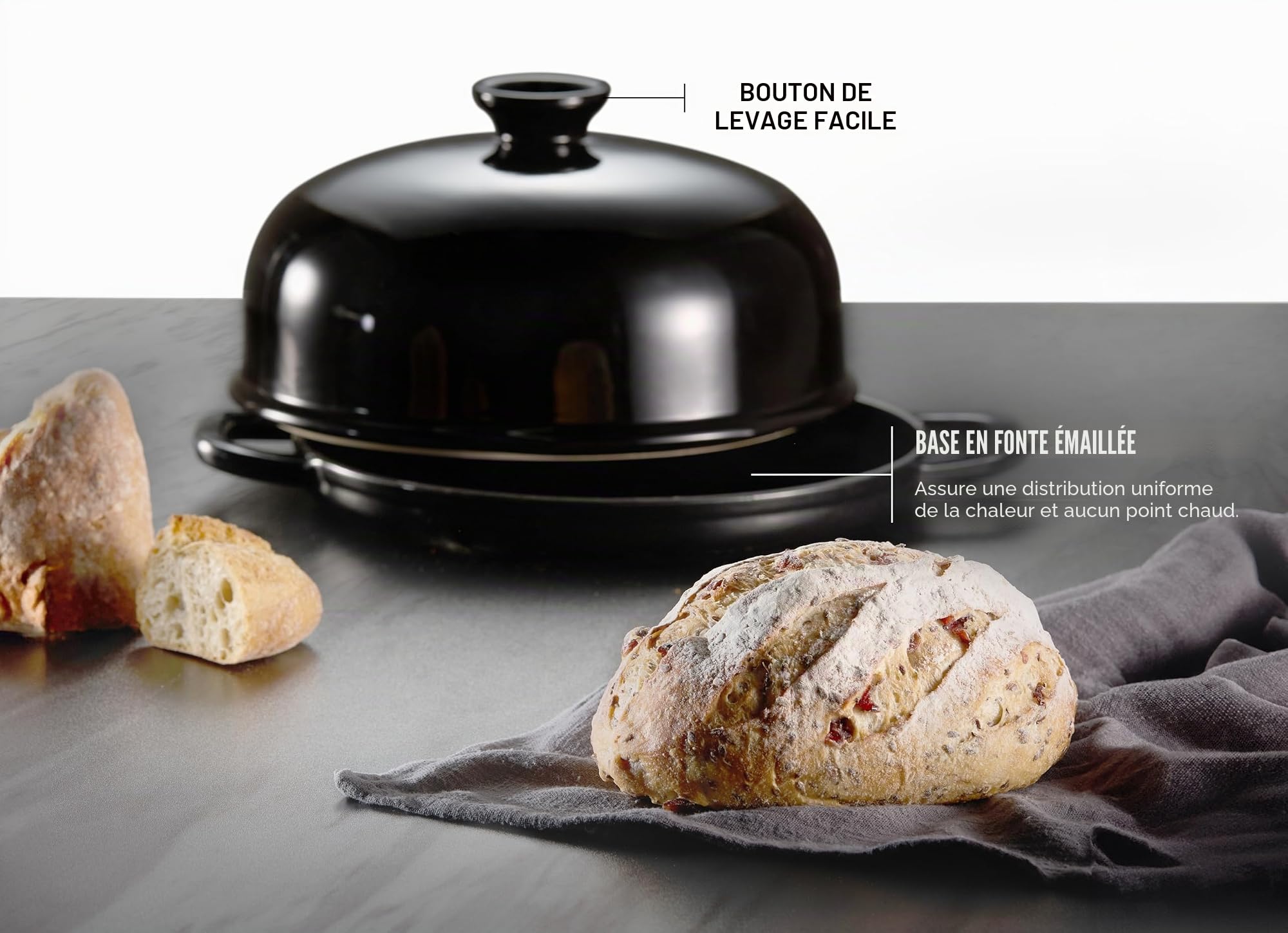 Kook Four à pain, poêle à levain avec couvercle et poignées, poêle en fonte émaillée et couvercle en céramique, pour la cuisson, la cuisson, le rôti, noir