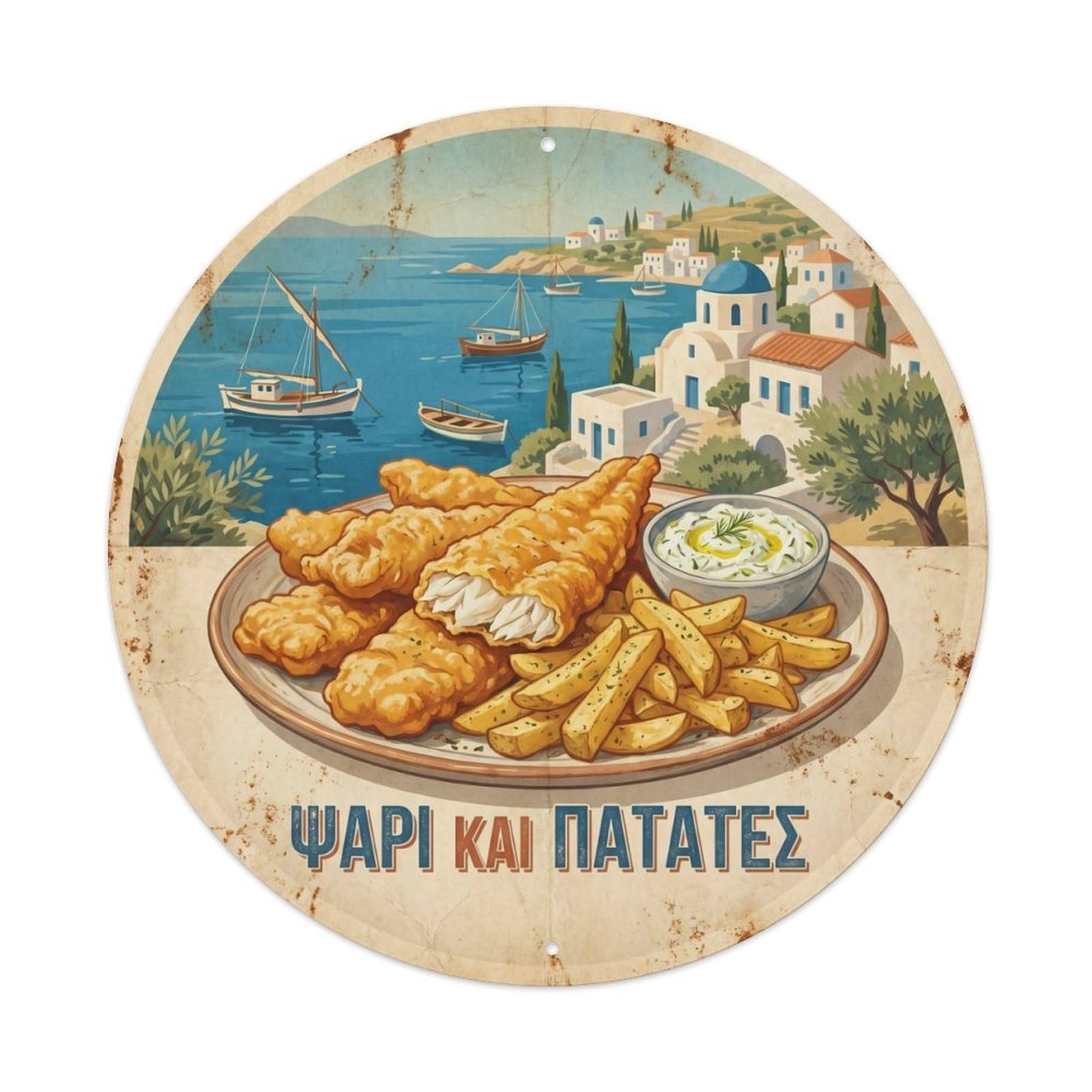 Greek Fish And Chips Seafood Takeaway Market Travel Metal Tin Sign
