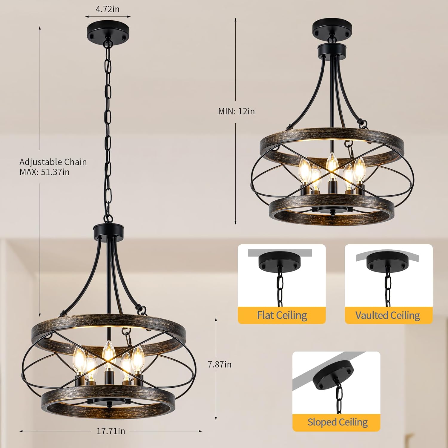 5-Light Farmhouse Chandelier, 17.72" Rustic Drum Dining Room Light Fixture, Bronze Chandeliers Hanging Pendant Lighting, Industrial Candle Chandeliers for Living Room Kitchen Entryway Bedroom Bronze 17.72"?E12?