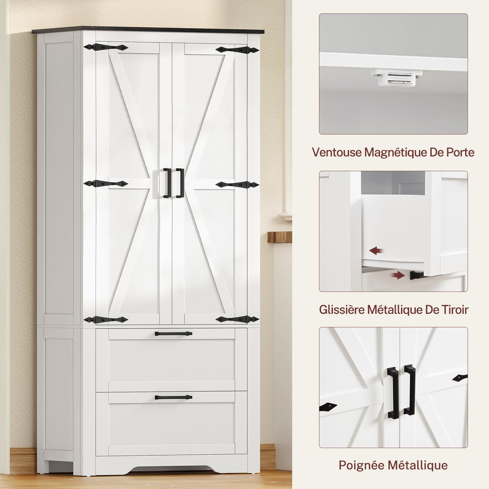 TEENFON Buffet Haut Cuisine, Armoire Cuisine 2 Portes et 2 Tiroirs, Meuble de Rangement avec Étagère Réglable, pour Salon et Salle à Manger, 60x30x168 cm, Blanc