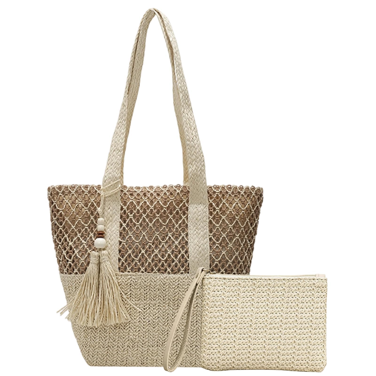 Borsa di Paglia Donna, Borsa Estiva Donna Paglia, Borsas a Tracolla a Maglia per l'Estate, Borsas da Spiaggia per Vacanze Boho, Borse da Mare per Viaggi in Spiaggia & Shopping Tutti Giorni