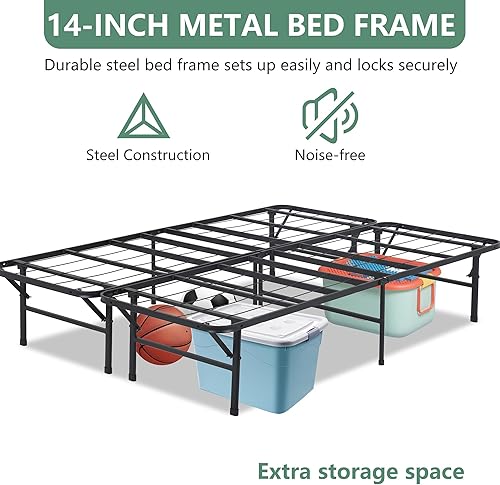 Miniatura 4 de PayLessHere Marco de cama plegable de metal de 14 pulgadas, plataforma de listones de acero resistente, base de cama, base de colchón, repuesto de