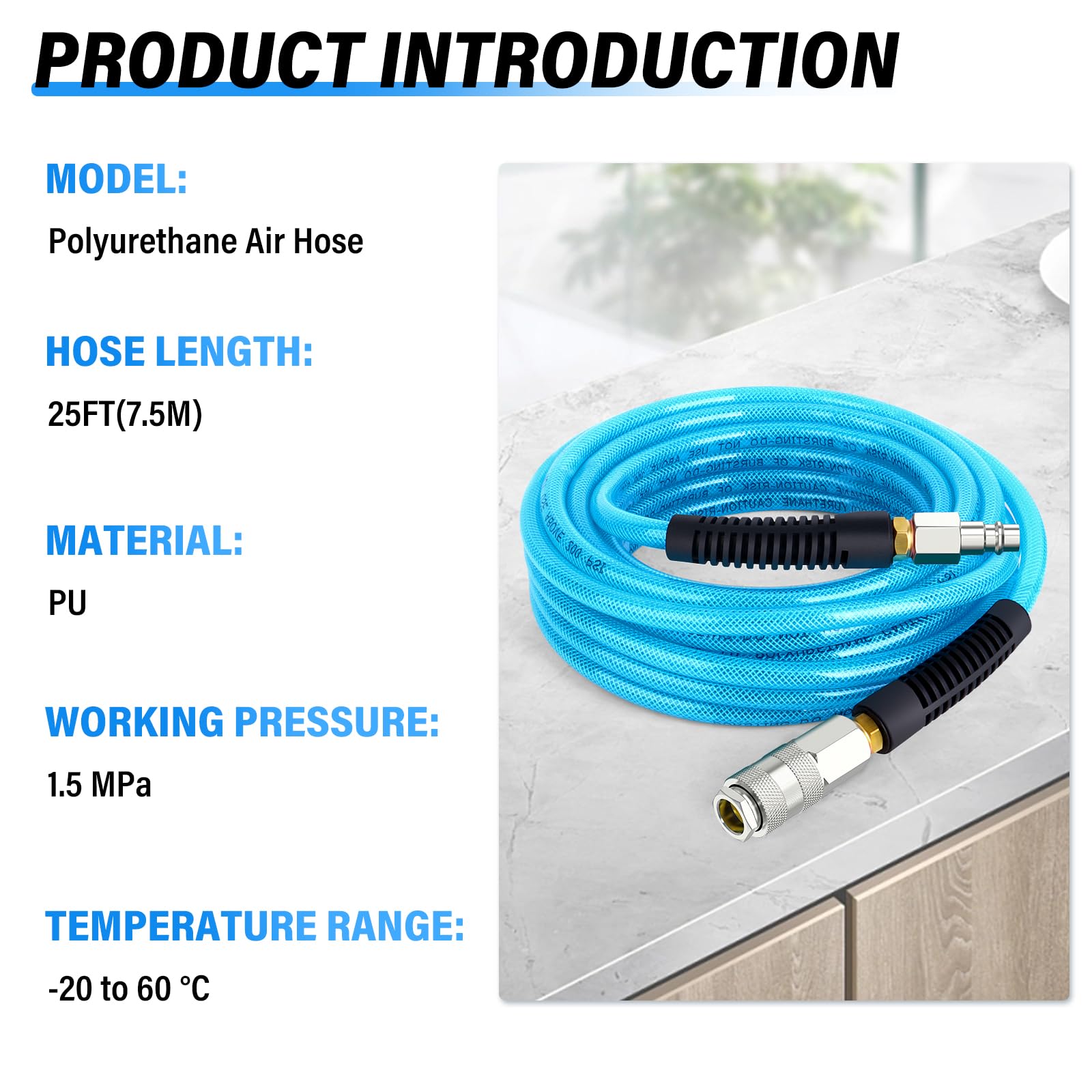 TAILONZ PNEUMATIC 1/4" x 7.5M Polyurethane Air Hose, Maximum Working Pressure 1.5 MPA,Composed of Brass and Blue PU Hose - Image 4