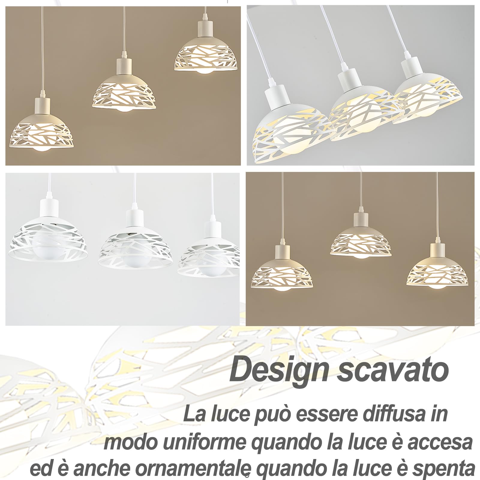 Lampadario a Sospensione Moderno Industriale, 3 Luci E27 in Metallo RitagliatoØ18 Lampada a Sospensione Vintage per Cucina Isola Tavolo da Pranzo (Bianco Base Lunga)