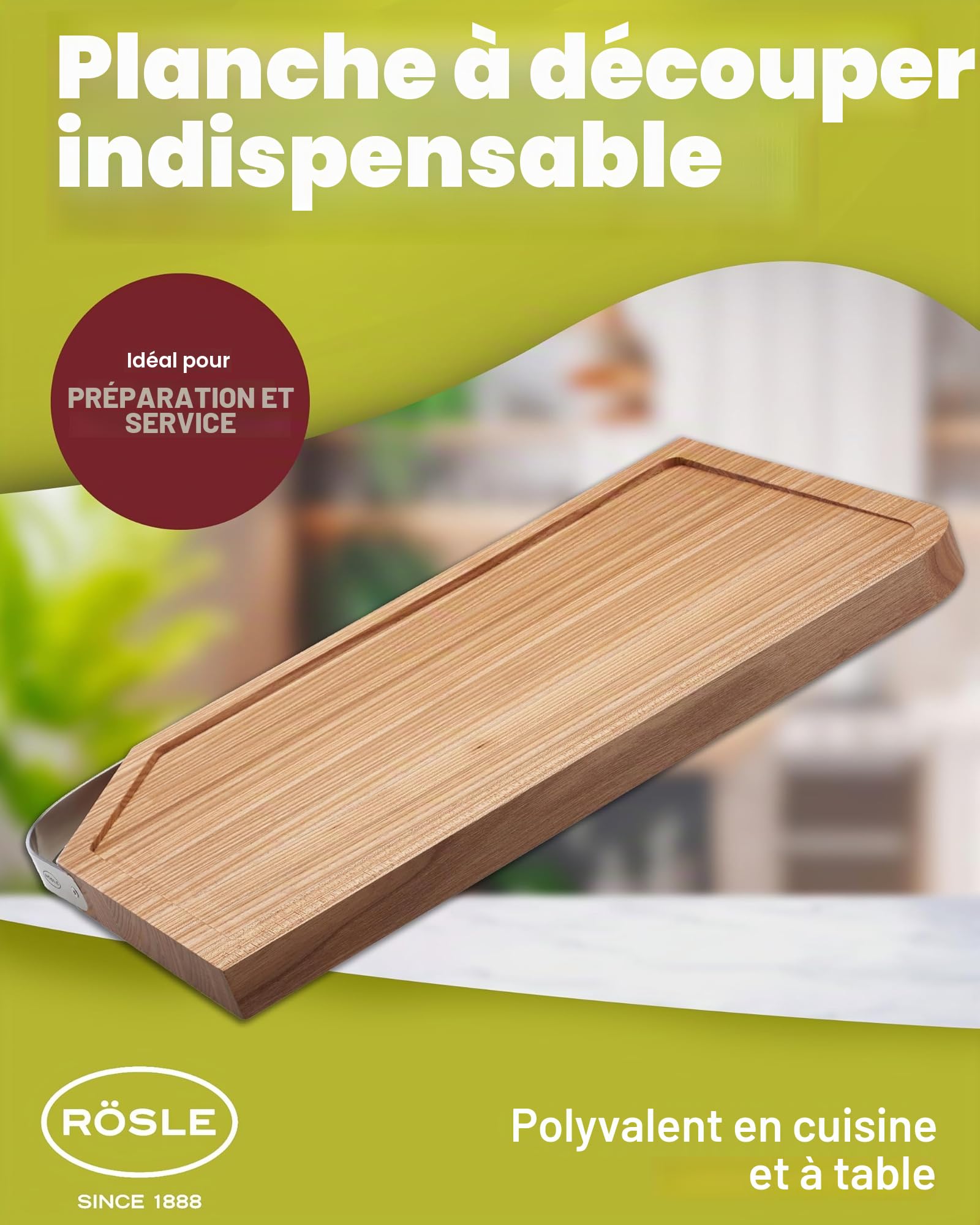 RÖSLE Planche à découper, support de découpe de haute qualité pour la cuisine pour une utilisation universelle, planche à servir, bois d'orme, acier inoxydable 18/10, 36 x 24 cm