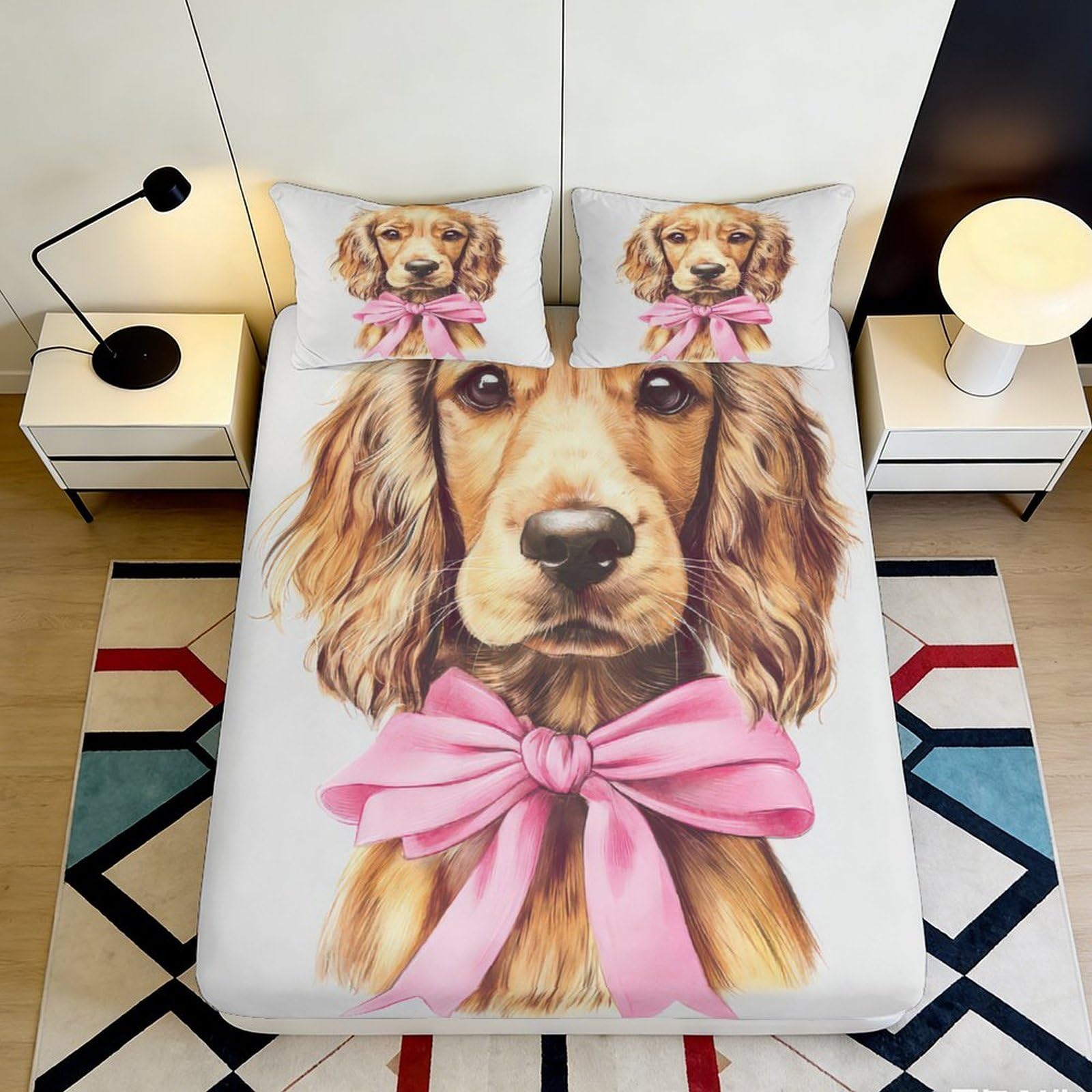 3D Printed Dog Bow Fitted Sheet Microfiber Deep Pocket Non-Slip Bedding Dog Mattress Fitted Cover Full Wrap Washable for All Ages 140x200x25cm
