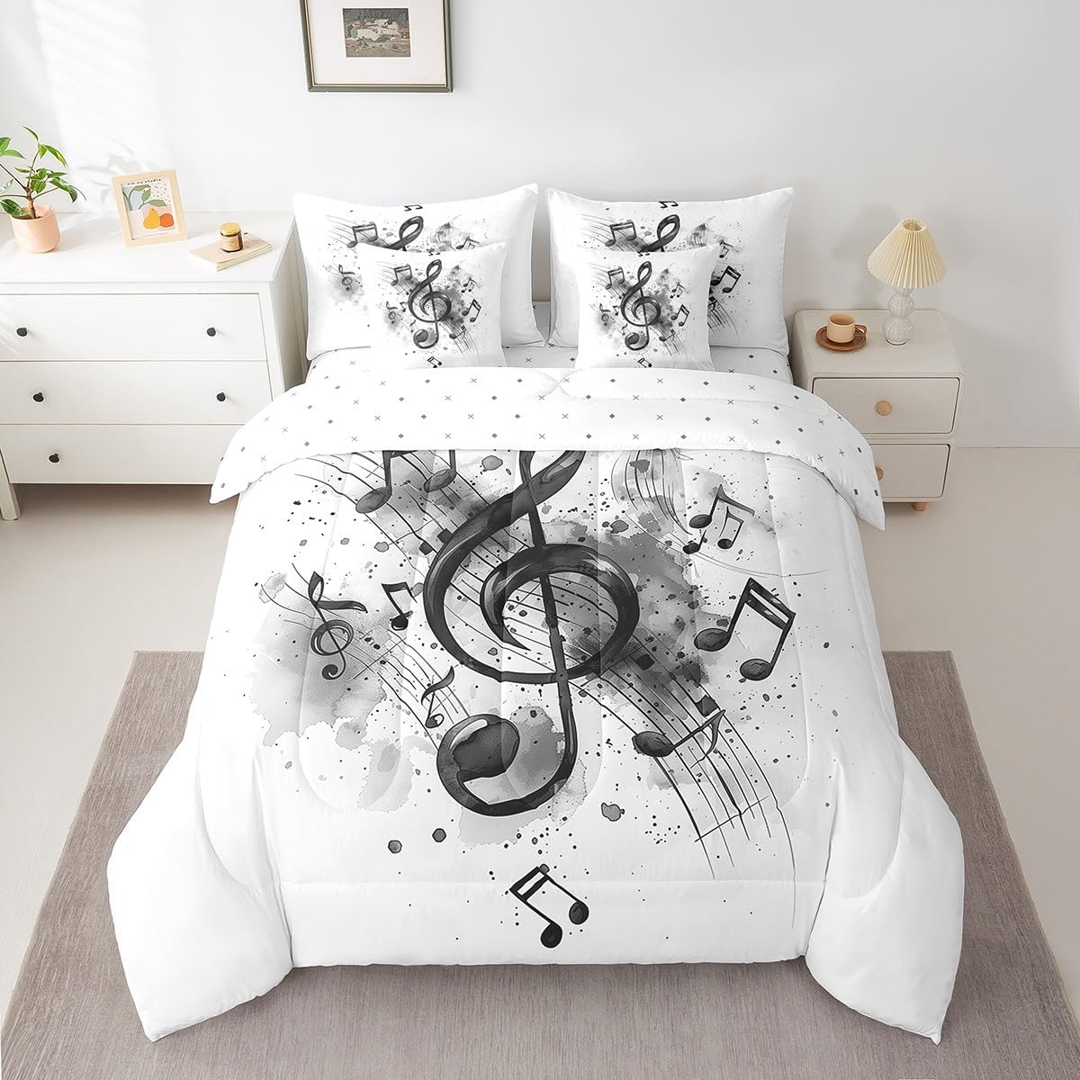 Erosebridal Musical Note Bedding Sets Piano Notation Quilt with Flat Fitted Sheet 7 Piece Queen Ink Painting Tie Dye Bed in A Bag Rock Music Grunge Style Comforter Set,Black White