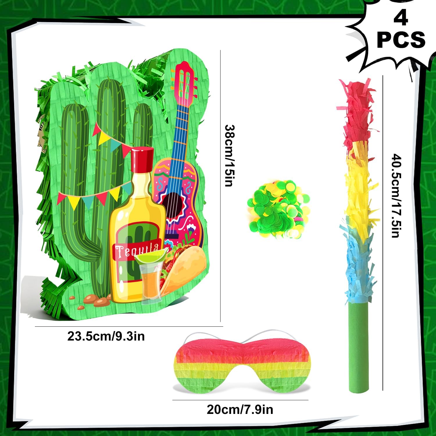 Mexican Cactus Party Piñata, 4 in 1 Mexican Fiesta Party Piñata Set Includes Cinco De Mayo Cactus Pinata Blindfold Mexican Piñata Stick etc Mexican Fiesta Decorations Mexican Party Decorations