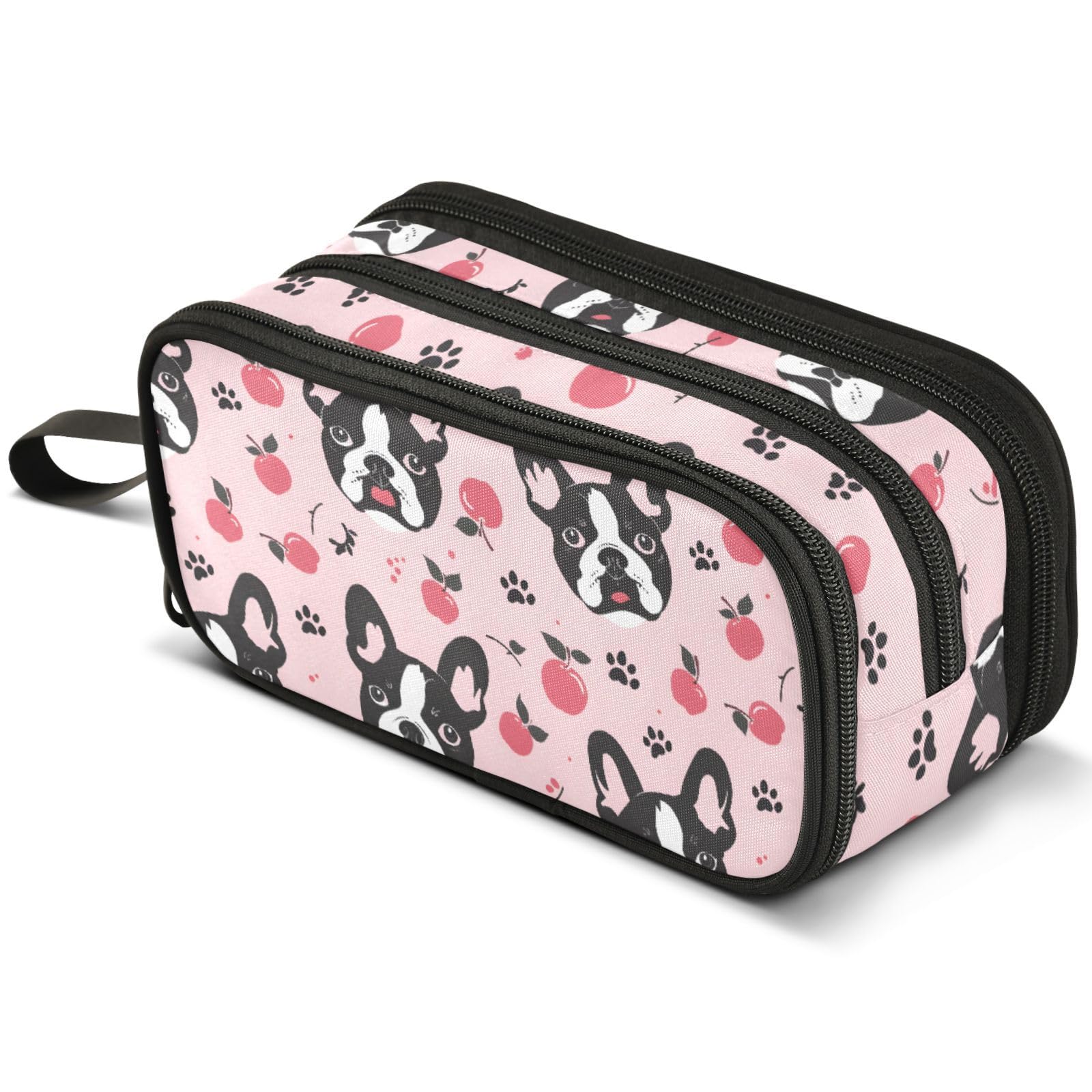 ALAZA French Bulldog Pink Pattern Large Pencil Case, Pen Pouch Pencil Bag with 3 Compartments Pen Holder Organizer Stationery Bag