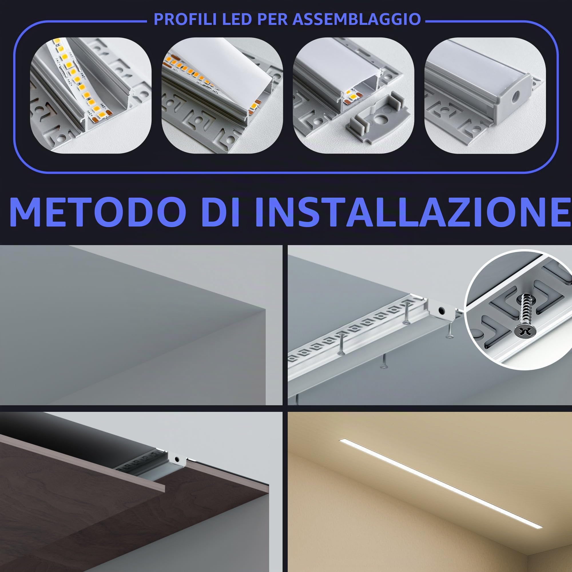 Profilo in alluminio a 18 LED, 2 m, guida per diffusore di luce, profilo LED per cartongesso, dimensioni 24,4 mm (lamelle 61,8 mm) x 12,8 mm, supporta la larghezza massima della striscia 20 mm