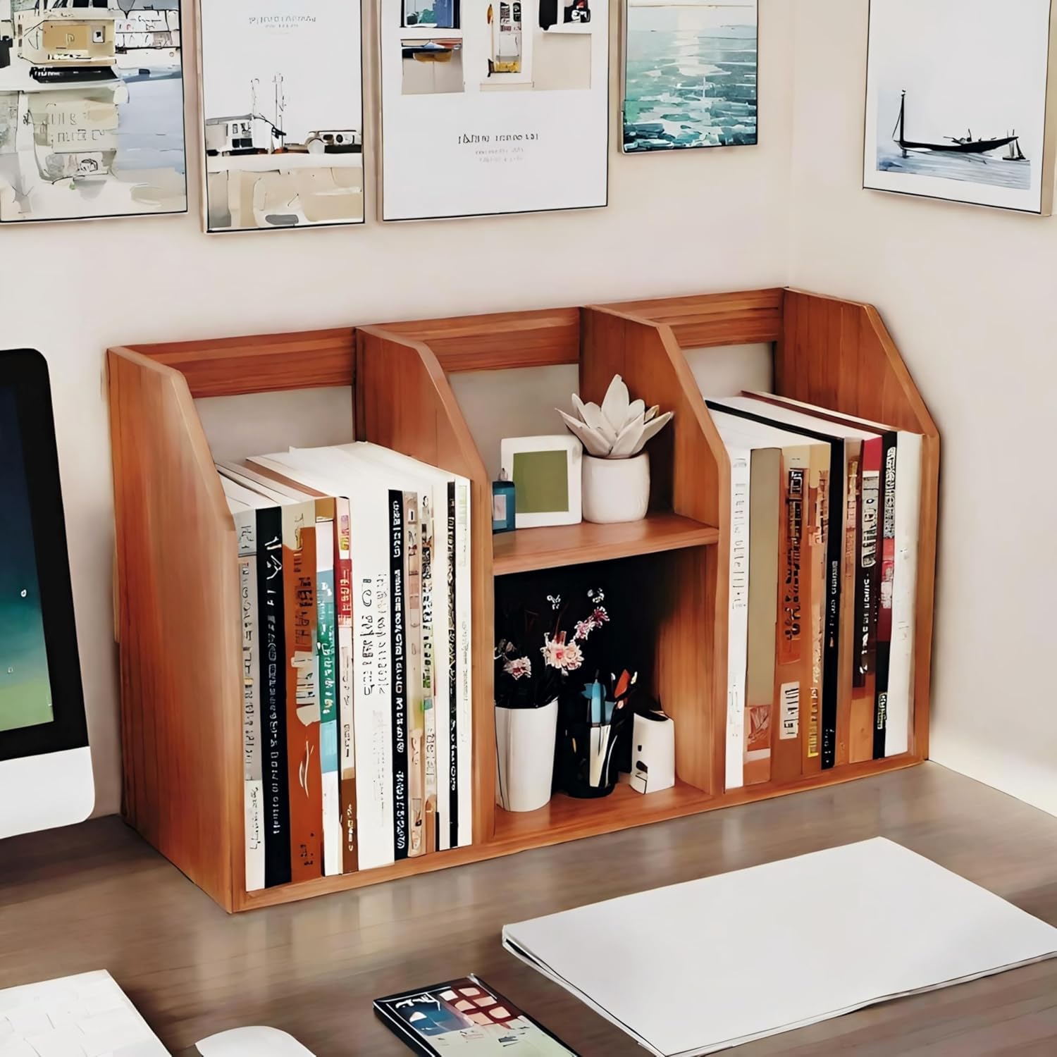 Engineered Wood Book Rack for Tabletop Desk Organizer & Document Holder for Office, Study & Home Sturdy Multi-Slot Book/Files Stand Space-Saving Vertical Storage-image-37