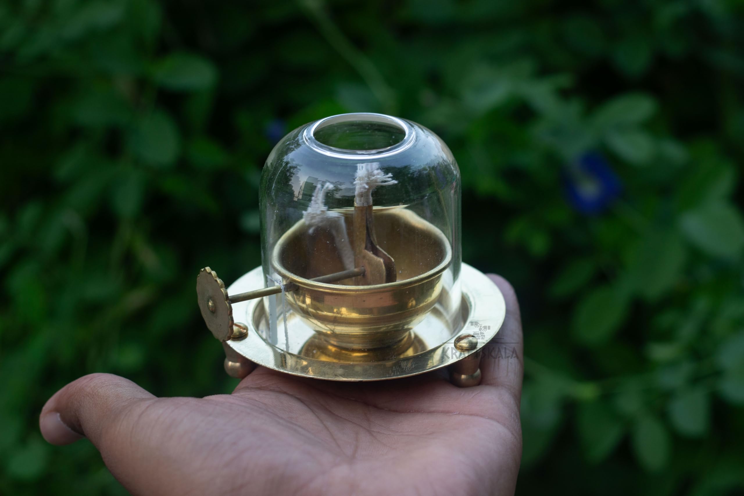 Kraftskala Brass Akhand Oil Diya 3x3.5 inch with Clear Glass Cover | Rotating Lifting Wick | Perfect for Spiritual Decor, Hindu Rituals, Diwali Festive Gifts 2