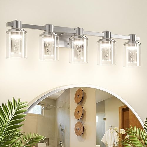 Miniatura 133 de Quntis Lámparas de baño negras de 4 luces con 5 modos de color, lámpara de tocador moderna regulable de 27 pulgadas sobre espejo, lámpara de pared