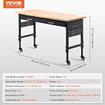 VEVOR 60-inch Courbe de travail réglable, 1500 lbs Capacité de charge, Garage Workbench avec tiroir, Power Outlet, Roues et Pegboard, Table de travail haut en bois de chêne lourd pour garage, atelier, bureau et maison