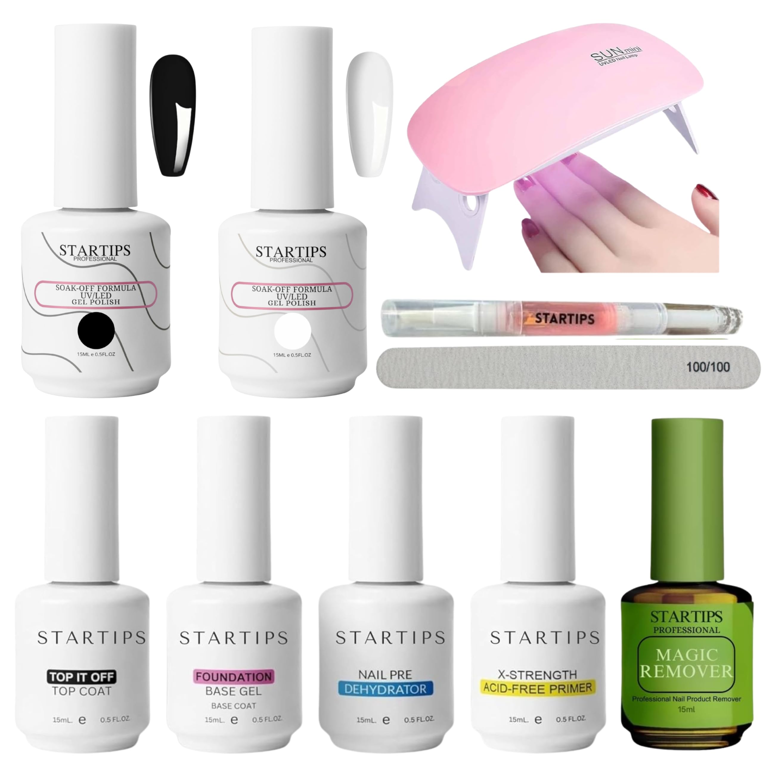 STARTIPS Professional Essential Nail Art Kit with UV Lamp, Black Gel Polish and White Gel Polish, Top Coat, Base Coat, Primer, Dehydrator, Magic Remover, Cuticle Oil, Nail File (SET OF 10)