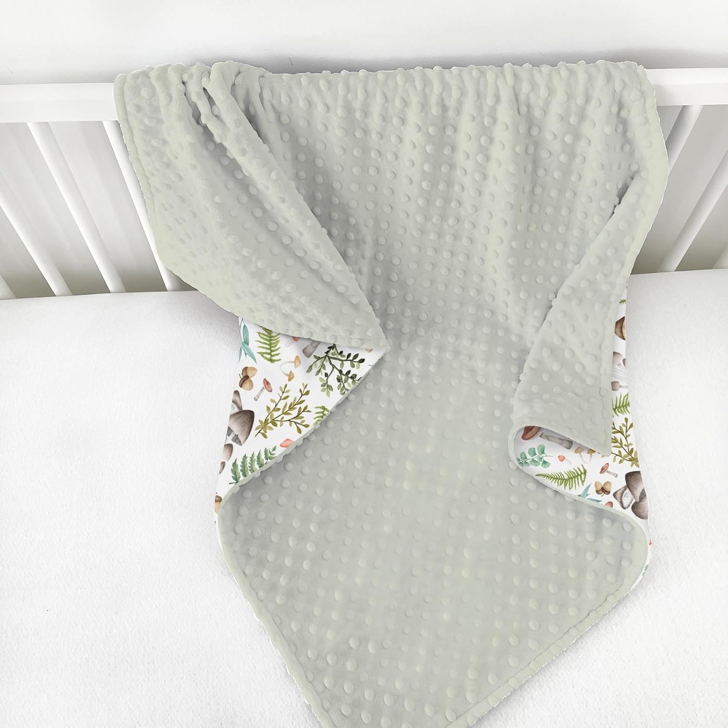 Mushroom Forest Baby Blanket for Girl Boy with Dotted Backing Double Layer Watercolor Mushroom Green Leaves Soft Swaddle Receiving Blanket Newborn Toddler Nursery Bed Throws 30x40inch