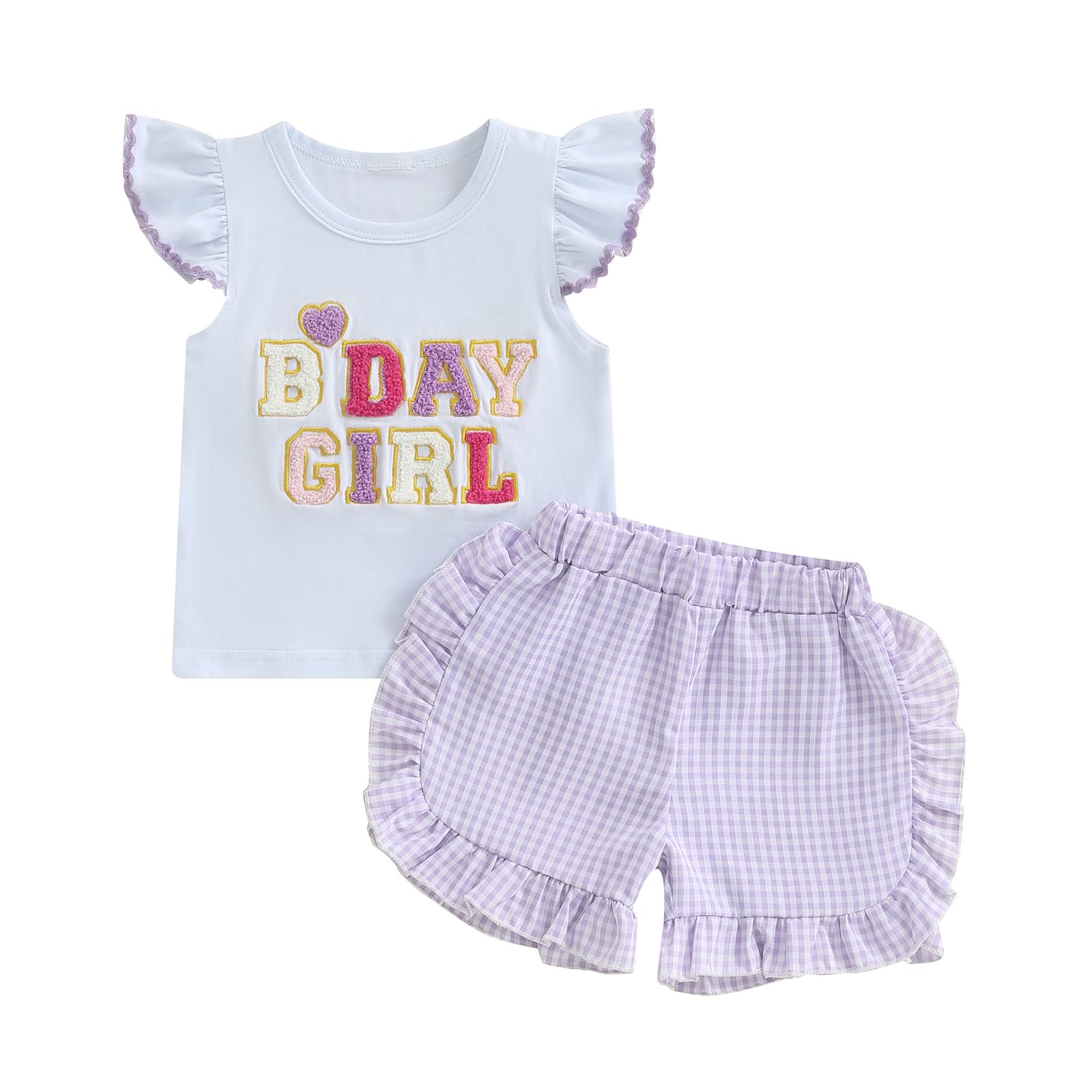 MAINESAKA Toddler Baby Girl Birthday Outfit Sleeveless Embroidery Tops Plaid Ruffle Shorts 2 Piece Set Cute Summer Clothes (A-Purple, 12-18 Months)