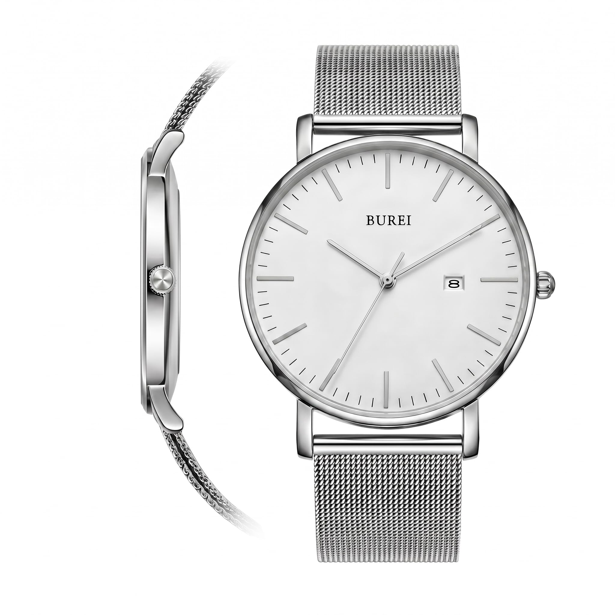 Burei - Reloj de Pulsera analógico Minimalista para Hombre, con Fecha Gris y Banda de Malla milanesa Negra (Todo Plateado)
