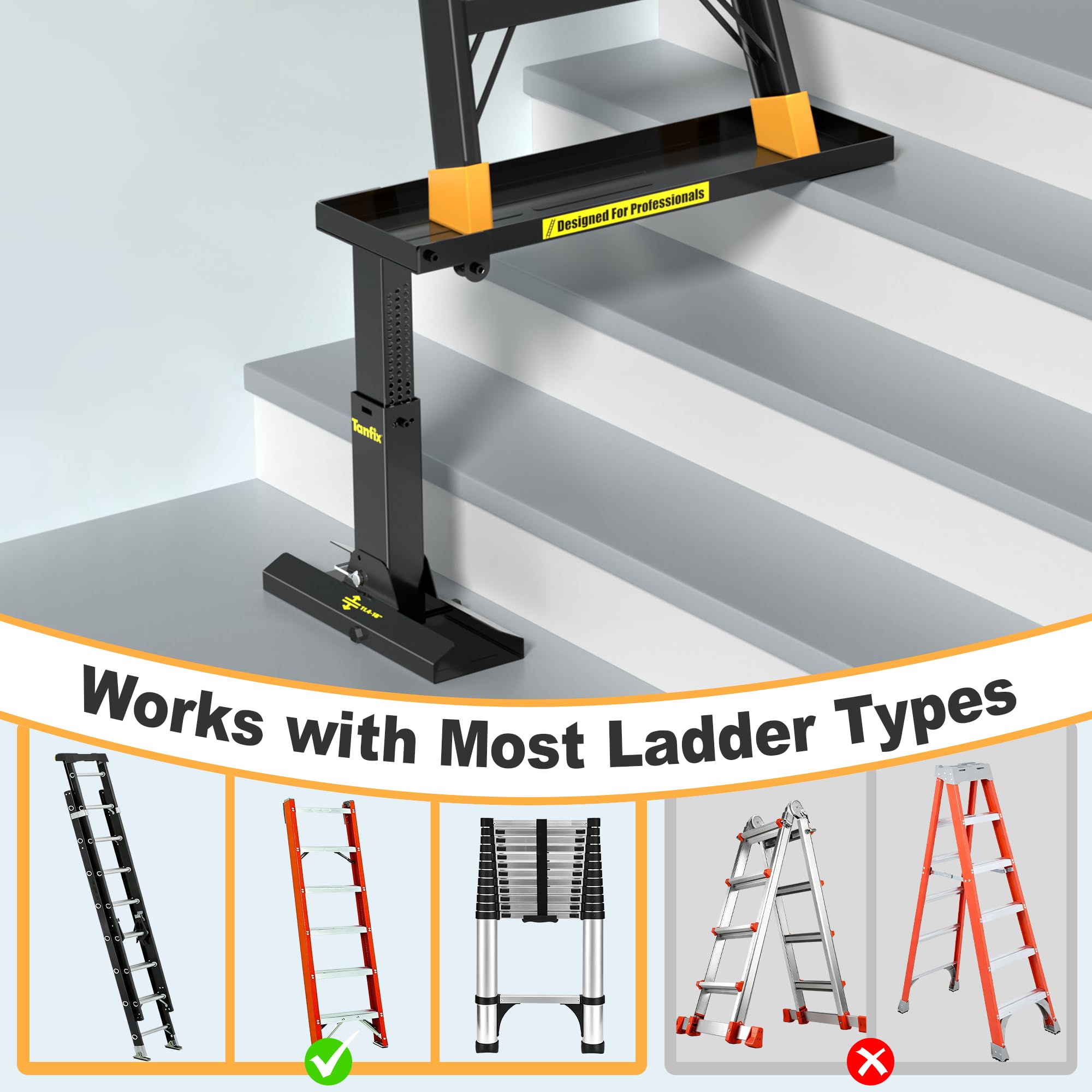 Faltbare Leiterverlängerung Pro, hochfestes Stahlmaterial, Leiterverlängerung Pro für Treppen mit rutschfester Matte, 23,5–39,4 cm verstellbare Höhe, anwendbarer Leiterfüße, Abstand 50,8 cm