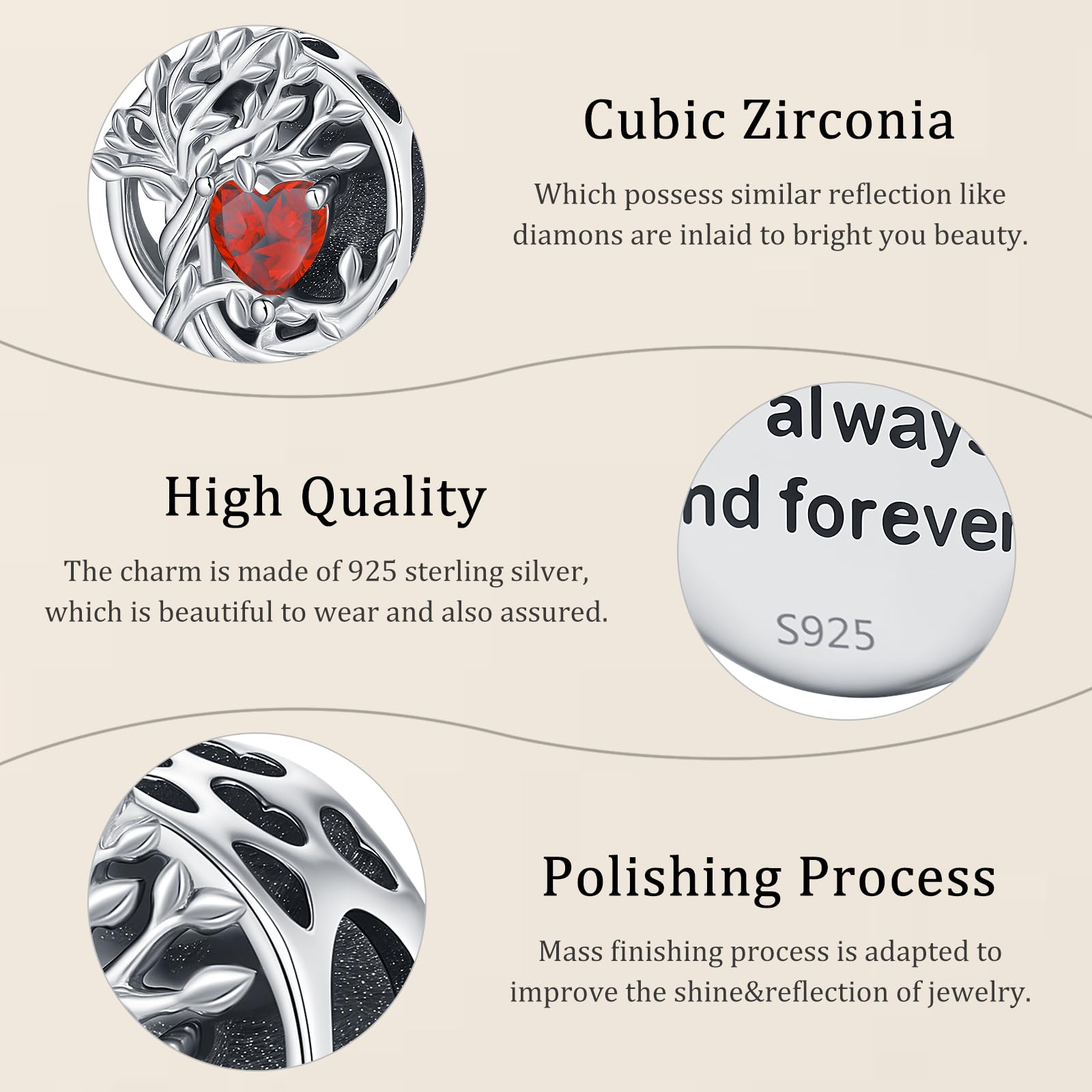Charms Arbre de vie, Abalorios Piedra de nacimiento de plata de ley 925, Abalorios Pandora para Pulseras Europeas, Regalos para mamá mujer niña