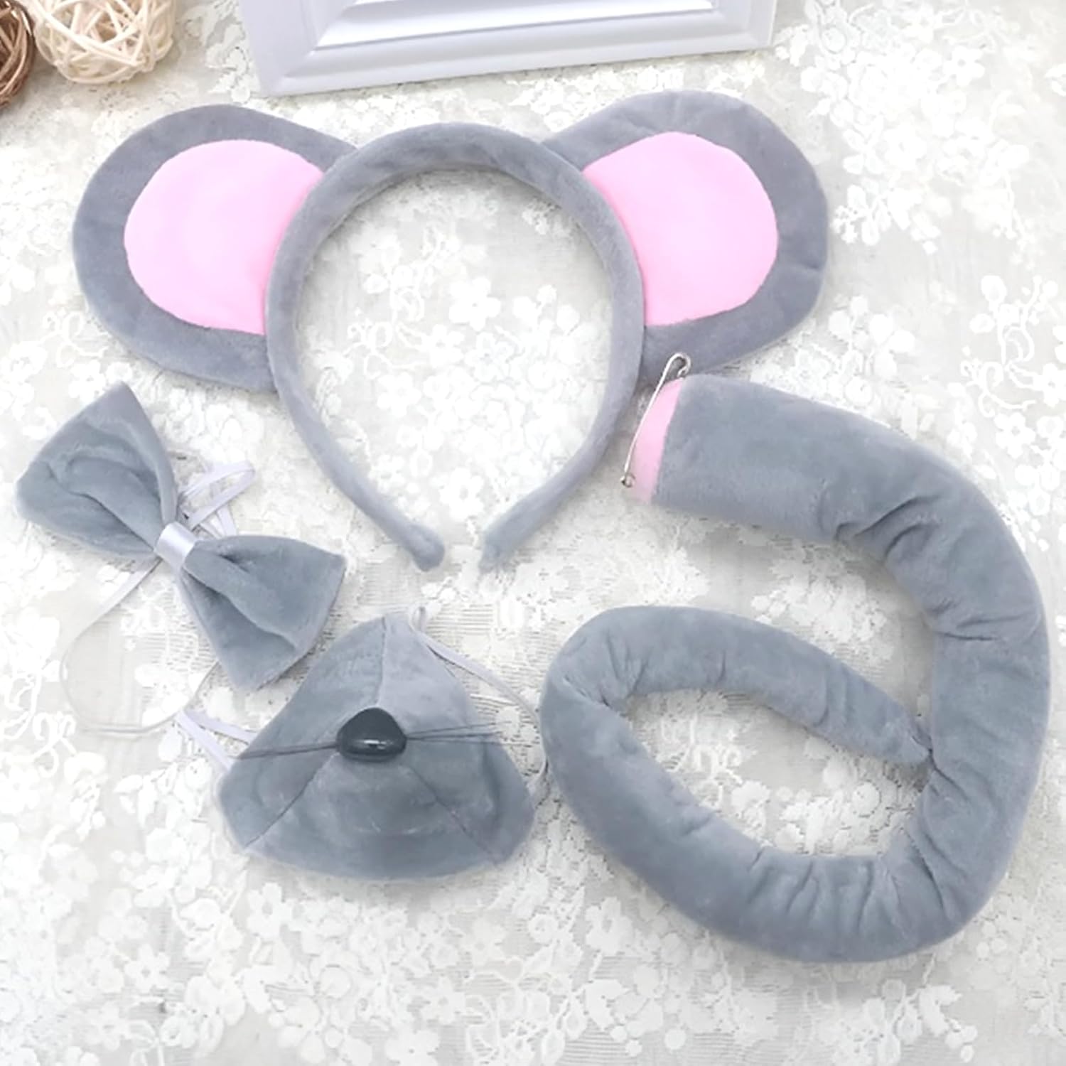 JOYFISCO Mouse Costume Accessory Set Mouse Ears Headband with Tail Nose and Bow Tie for Halloween Cosplay Party Costume - Image 4