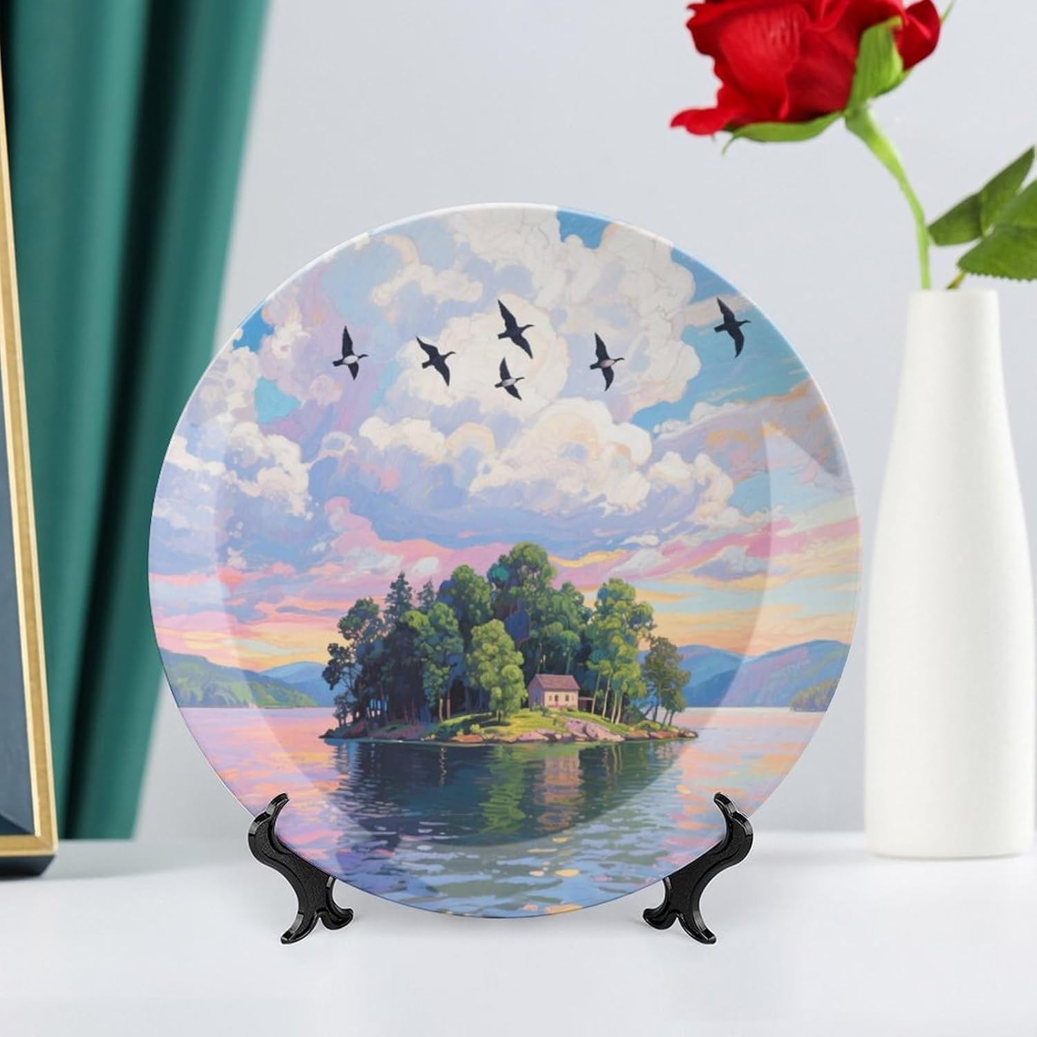 Bone China Decorative Plates Seagull Island Ceramic Decorative Plate Wall Decor with Display Stand Ceramic Ornaments for Wall Hanging Decoration