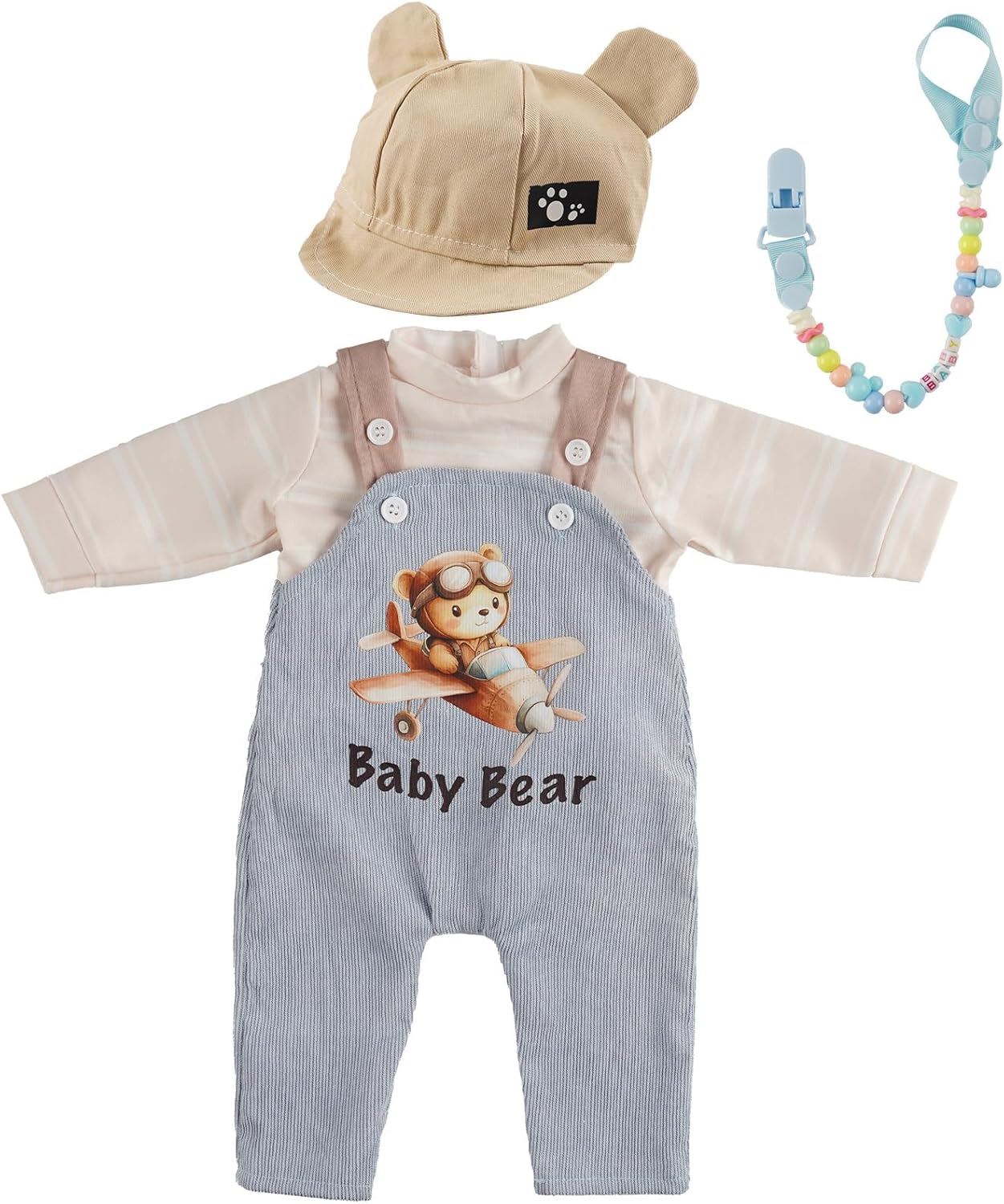 BABESIDE 4 Pcs Reborn Baby Doll Clothes Set for 17-22 Inch Babydolls, Cute Bear Doll Overalls Set with Hat and Dolls Pacifier Clip Chain for Realistic Baby Dolls, Blue