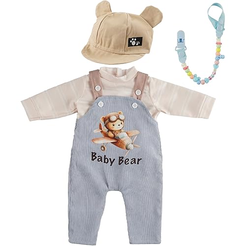 BABESIDE 4 Pcs Reborn Baby Doll Clothes Set for 17-22 Inch Babydolls, Cute Bear Doll Overalls Set with Hat and Dolls Pacifier Clip Chain for Realistic Baby Dolls, Blue