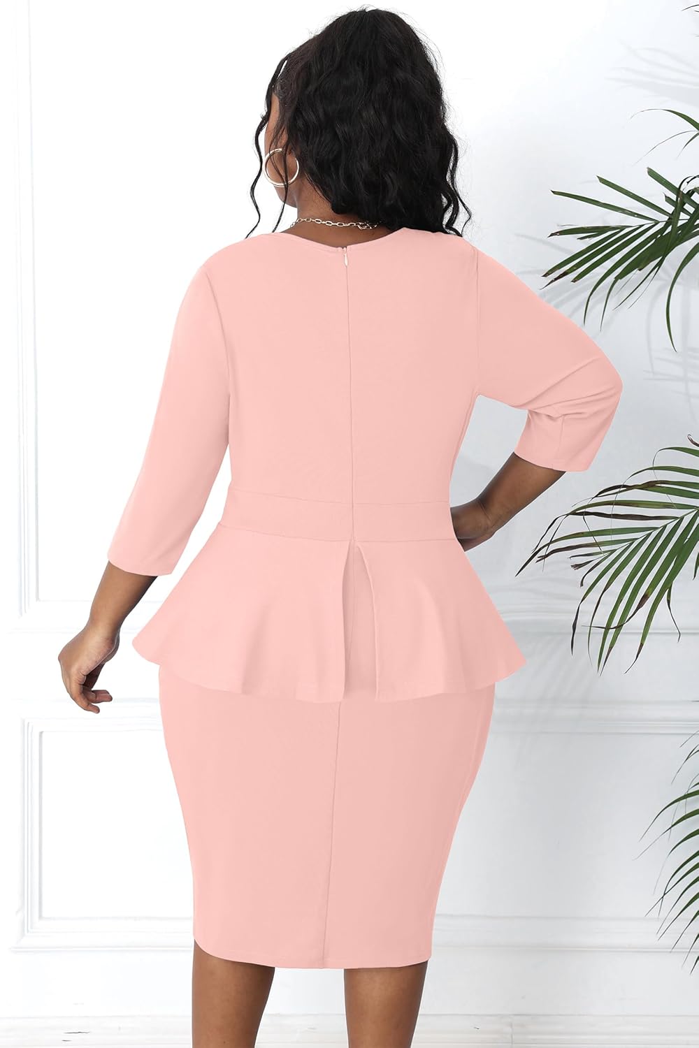 Runwind Plus Size Dresses for Curvy Women, Work Church Professional Office Vintage Peplum Pencil Dress V Neck 3/4 Sleeve - Image 5