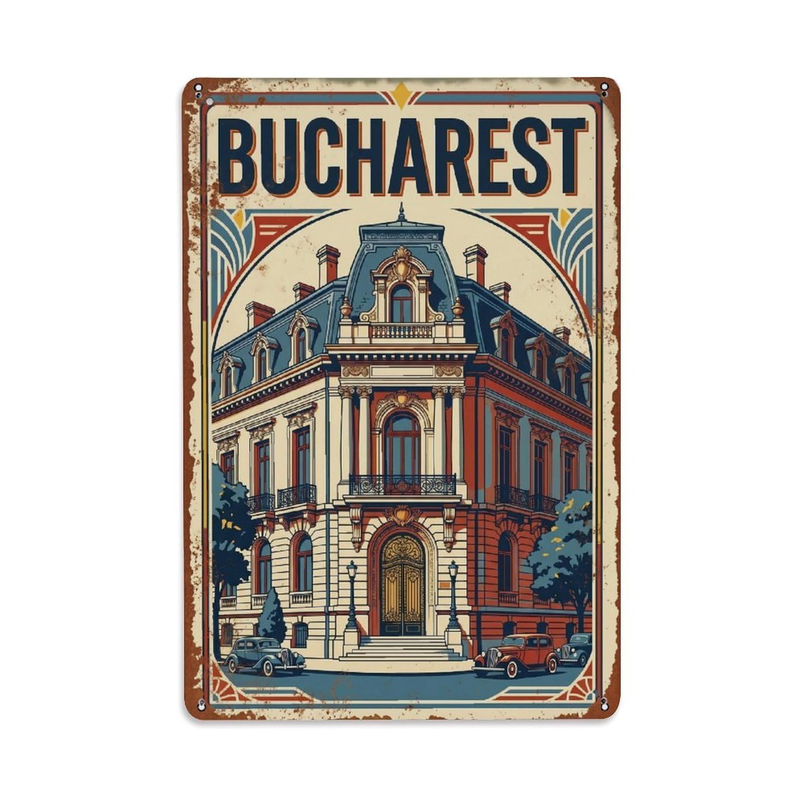 Vintage Travel Bucharest Cantacuzino Palace Architecture Romania Metal Tin Sign Plaque Wall Decor for Cafe, Club Bar, Office, Home Garden Metal Poster 8x12Inch