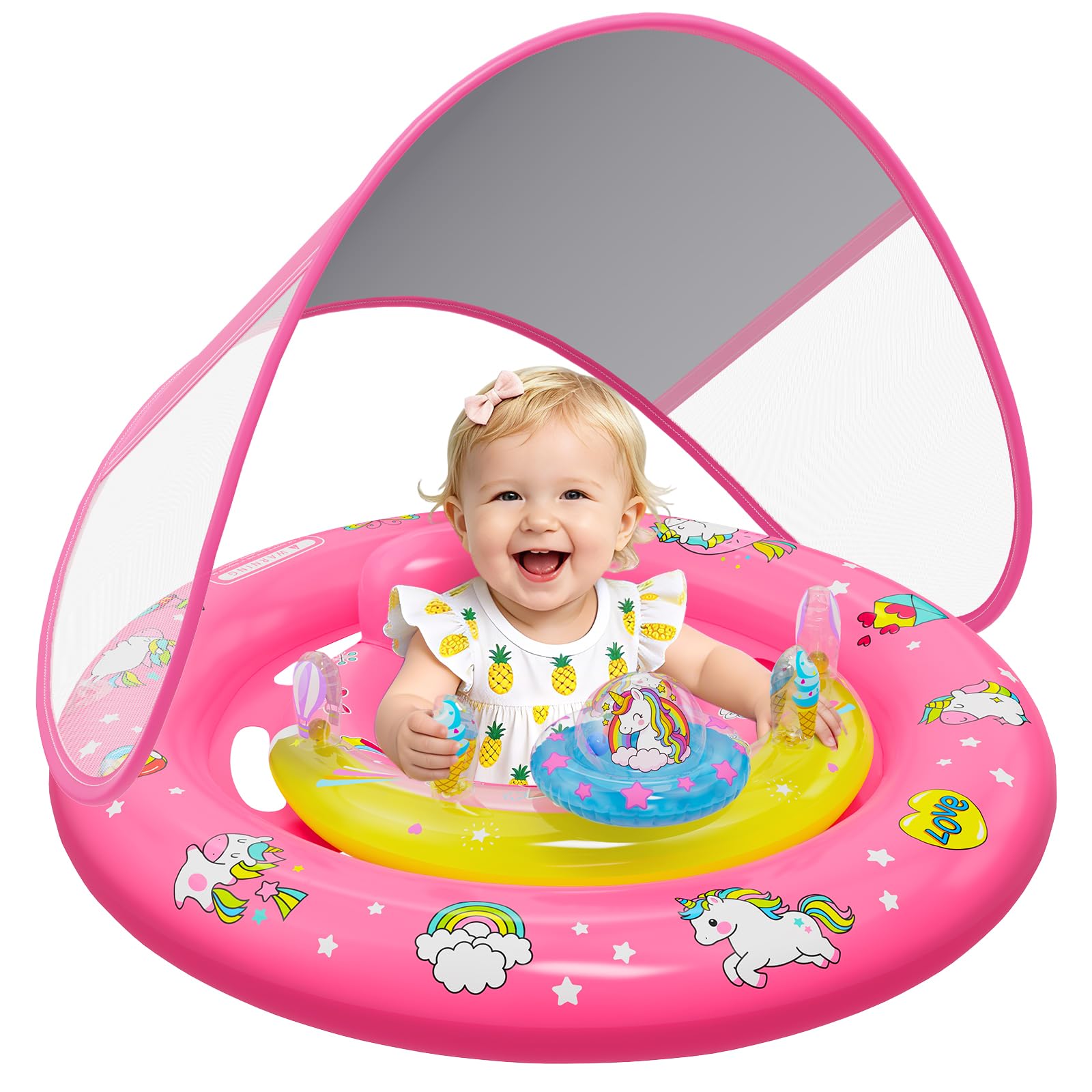 Baby Pool Float with UPF50+ Sun Protection Canopy, Inflatable Unicorn Baby Swim Float with Double Air Chambers, Adjustable Safety Seat &amp; Toy Console Toddler Pool Float for 6-36 Months Boys Girls