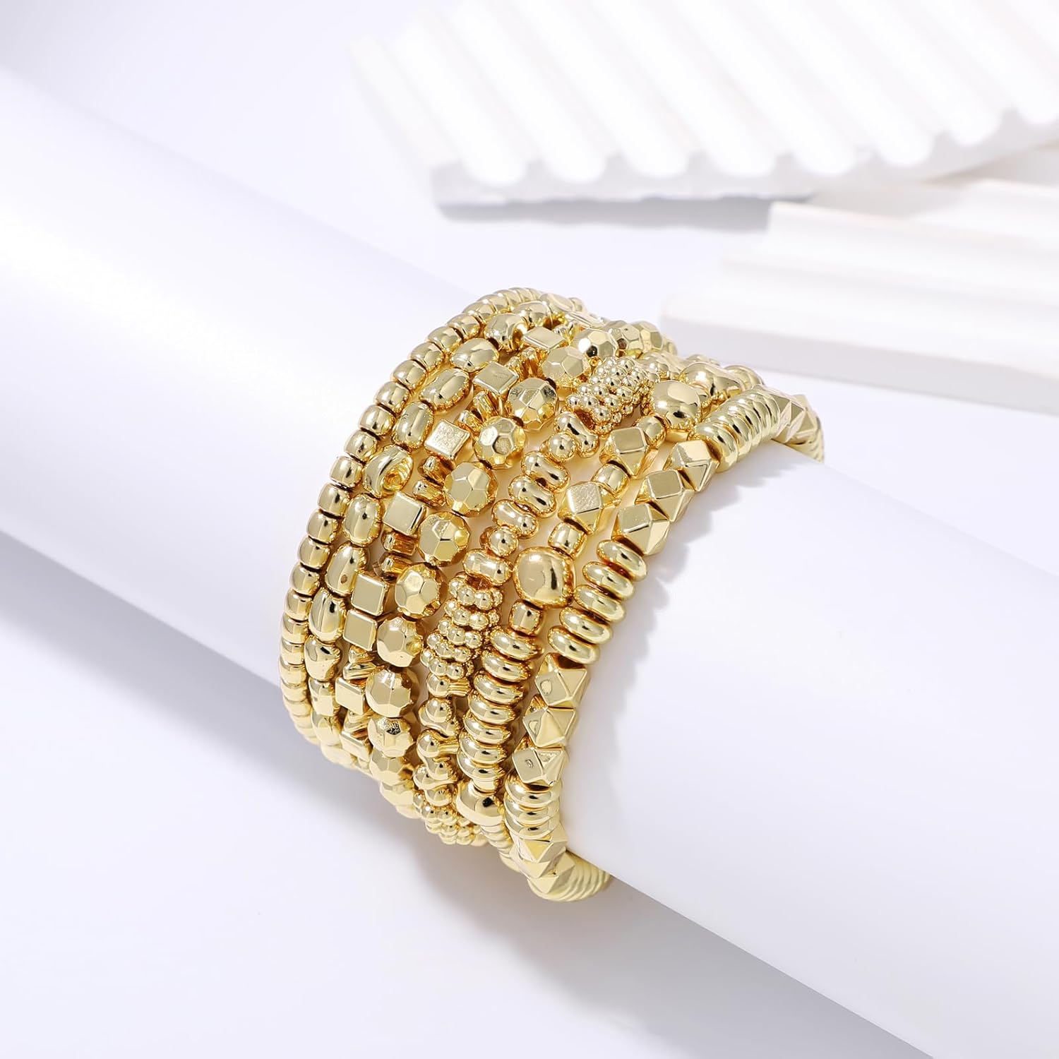 Gold Plated Beaded Bracelets for Women Trendy, 14K Gold Plated Stack Cross Pearl Gold Plated Bead Stretch Bracelets Set Elastic Hypoallergenic Bracelets Jewelry Gifts - Image 5