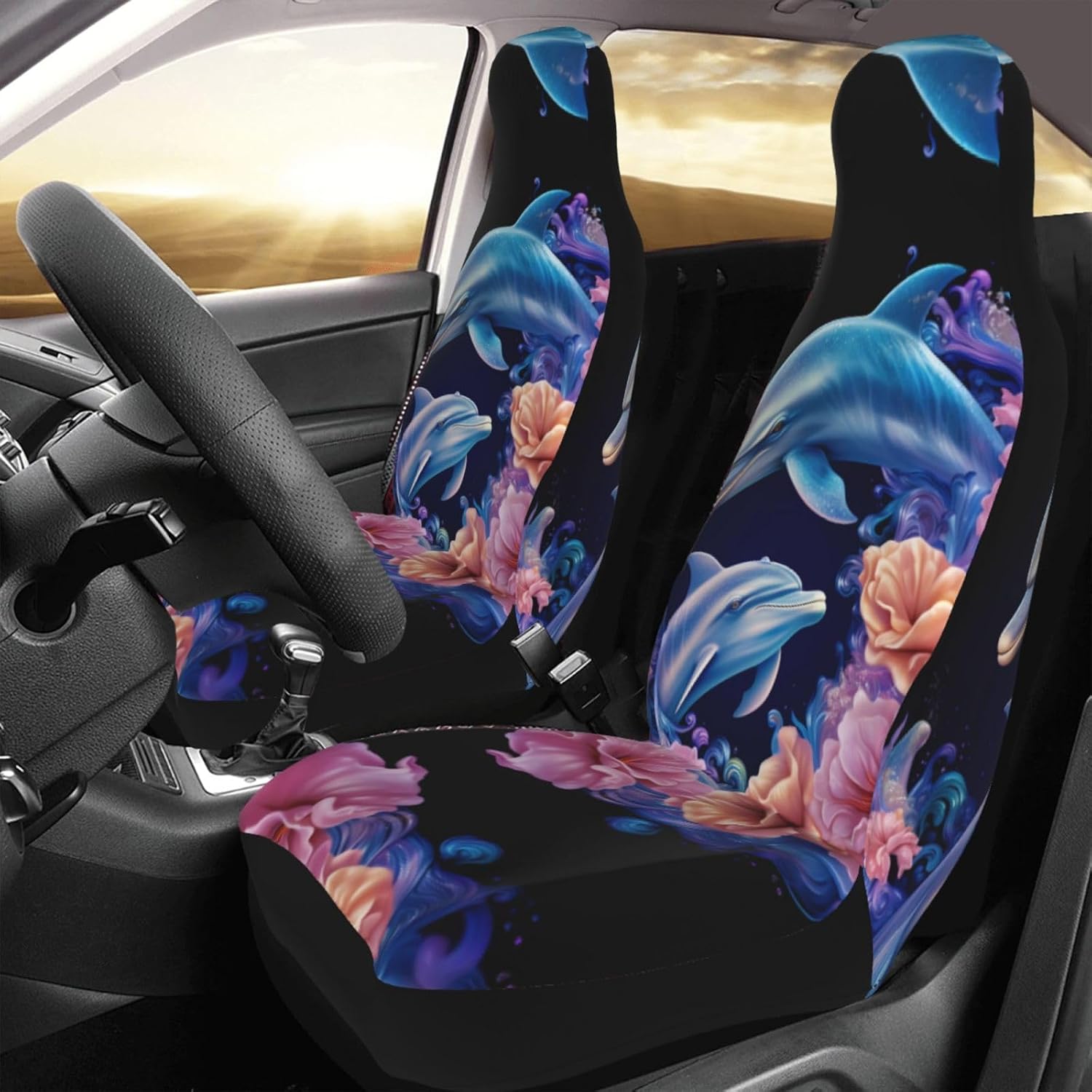 Universal Blue Dolphins and Pink Flowers Printed car seat Covers are Suitable for Most Seats in Trucks, Vans, and Other Similar Vehicles.