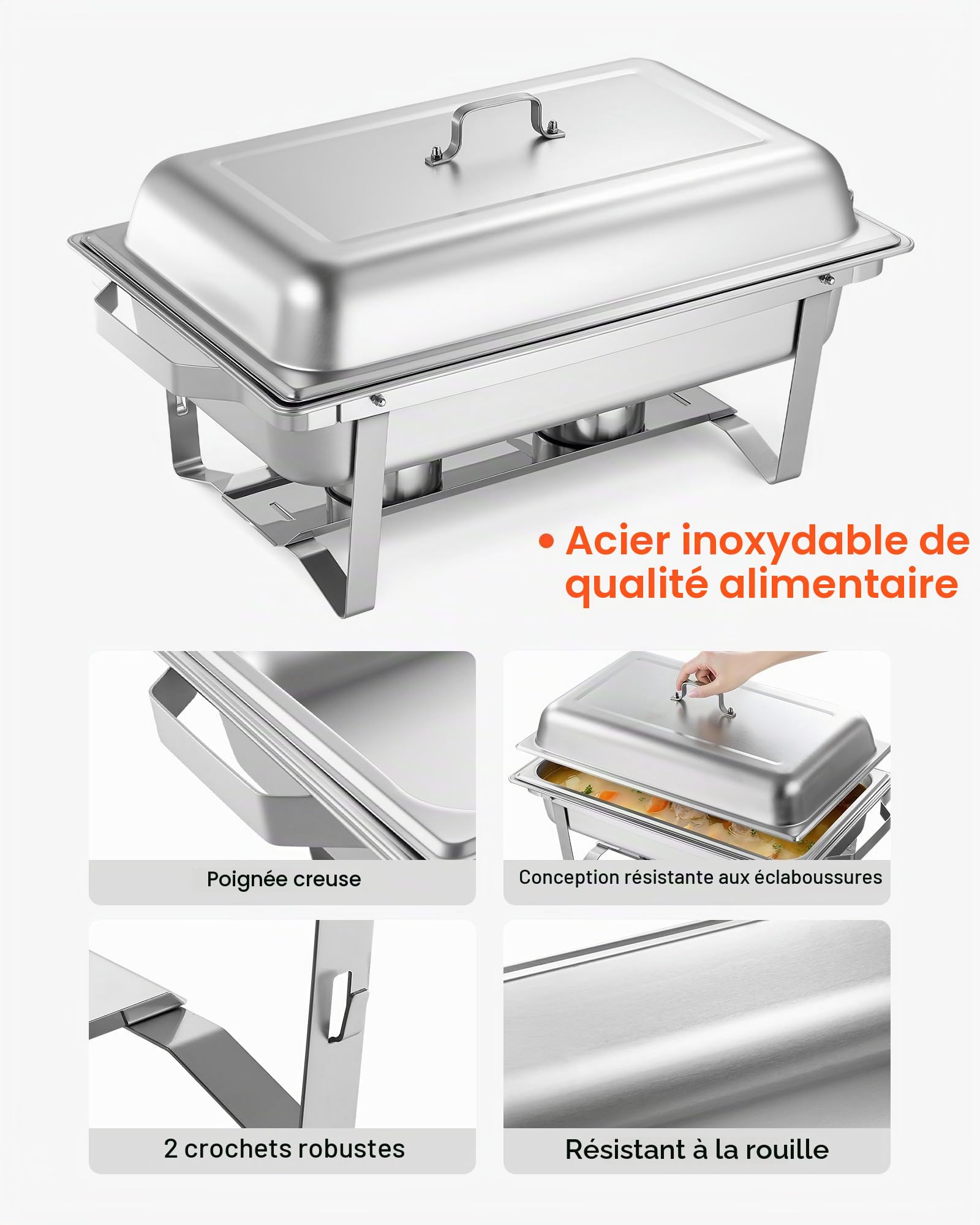 VEVOR Chauffe-Plat Rectangulaire 4PCs 8,6 L, Buffet Chauffant à Combustible en INOX, avec Couvercle, Poignée Creuse, 2 Pinces à Aliments et Porte-Combustible, Réchaud pour Banquet Fête Mariage