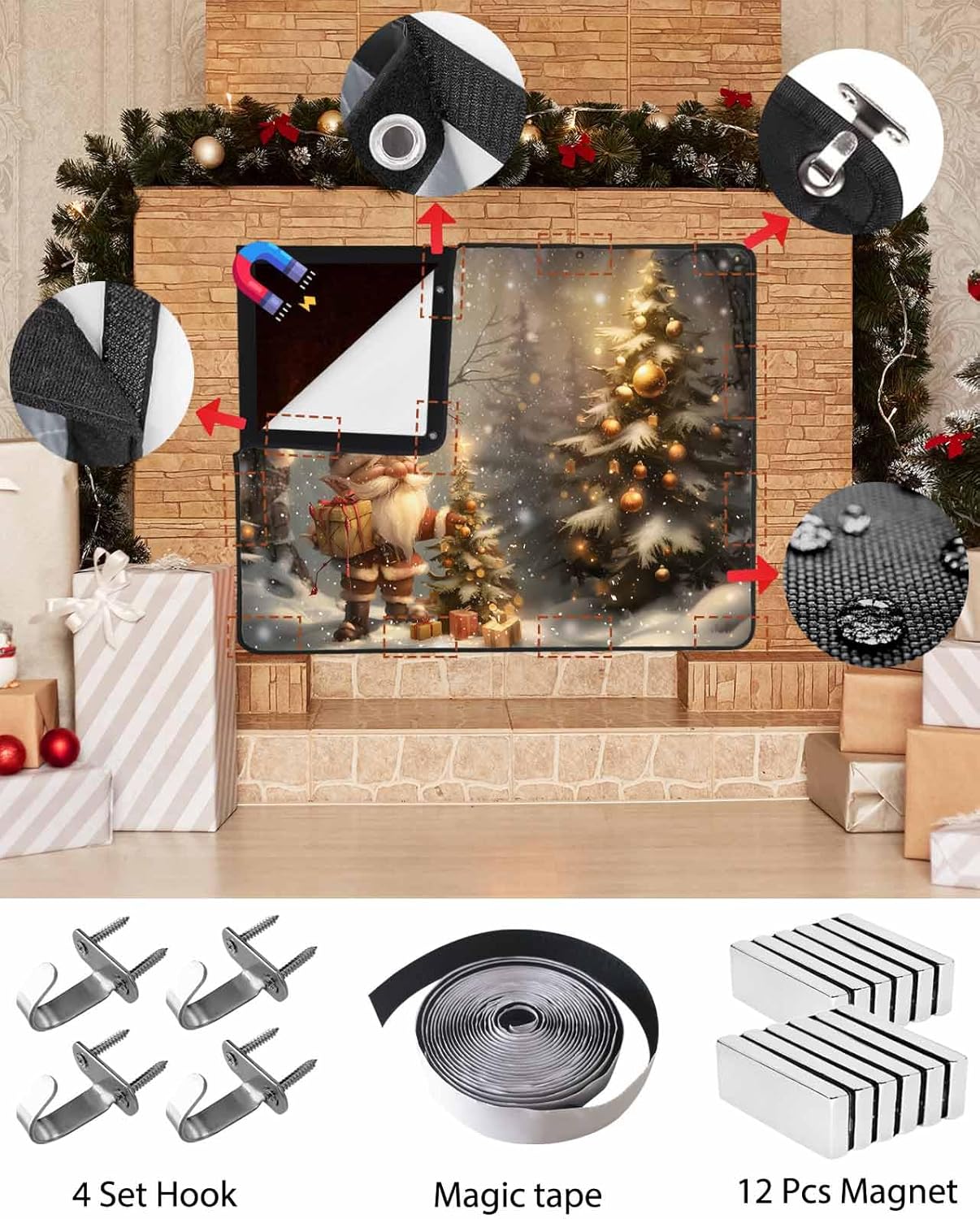 Christmas Tree Fireplace Screen Magnetic Fireplace Cover Washable Indoor Fireplace Draft Cover Christmas Fireplace Screens,Save Energy Stops Heat Loss, Winter Xmas Gnomes Ball Branch 36"x30"