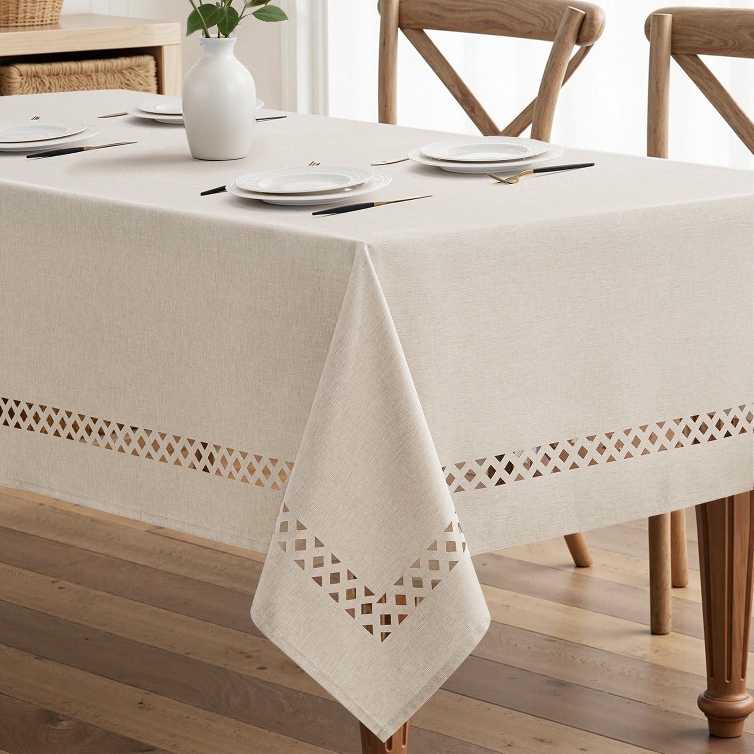 Photo 1 of MIULEE Beige Rectangle Linen Polyester Tablecloth with Decorative Cutouts Spring Waterproof Stain Resistant & Shrink-Proof Table Cloth 60x144 inch Farmhouse Style for Dining Wedding and Outdoor