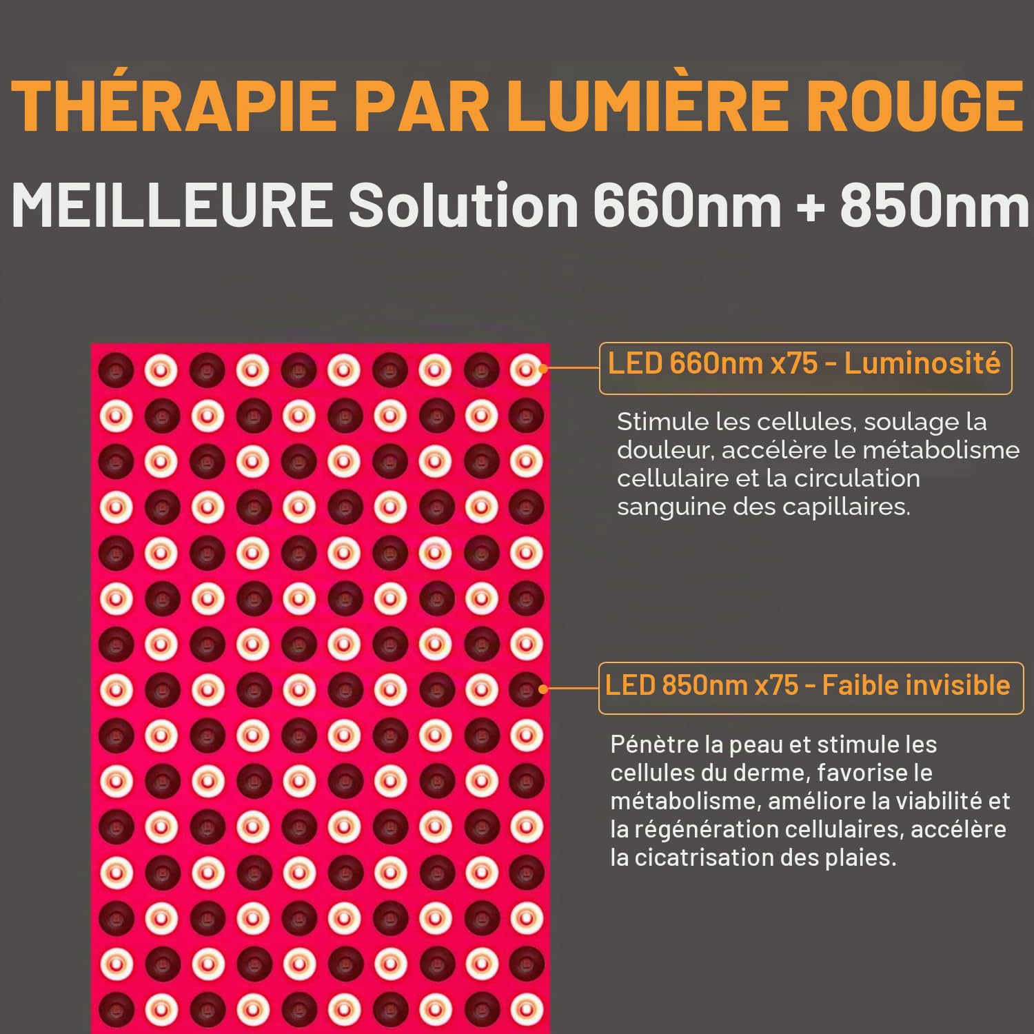Appareil de thérapie par lumière rouge, proche infrarouge 850 nm et lumière LED rouge foncé 660 nm pour soulager les douleurs corporelles et améliorer la peau.