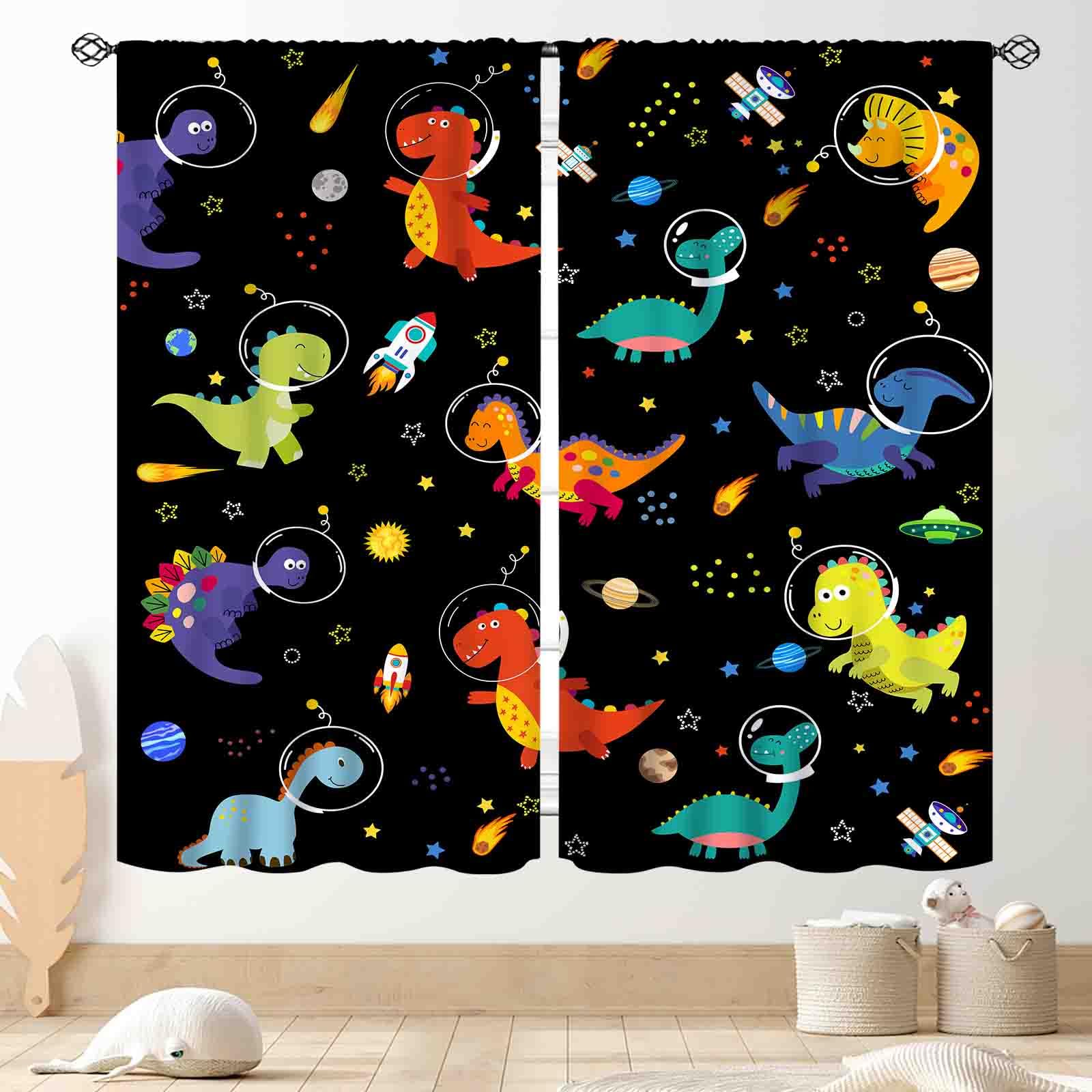 Dinosaur Blackout Curtains, Boys Kids Cartoon Galaxy Planets Universe Funny Dino Safari Animals Colorful Window Drapery for Baby Room Bedroom Living Room Classroom Nursery Bathroom, 42"x45" Inch