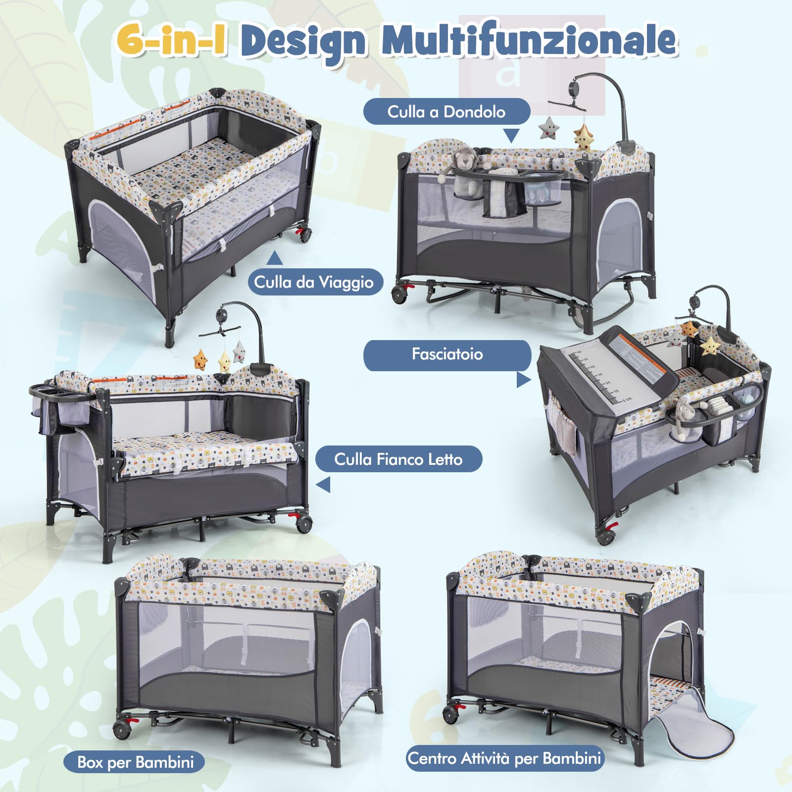 COSTWAY 5 in 1 Lettino Neonato con Materasso, Lettino Campeggio Bambini con Fasciatoio, Portatile e Pieghevole, Altezza Regolabile in 4 Livelli, per Bambini 0-36 Mesi (Grigio+Beige)