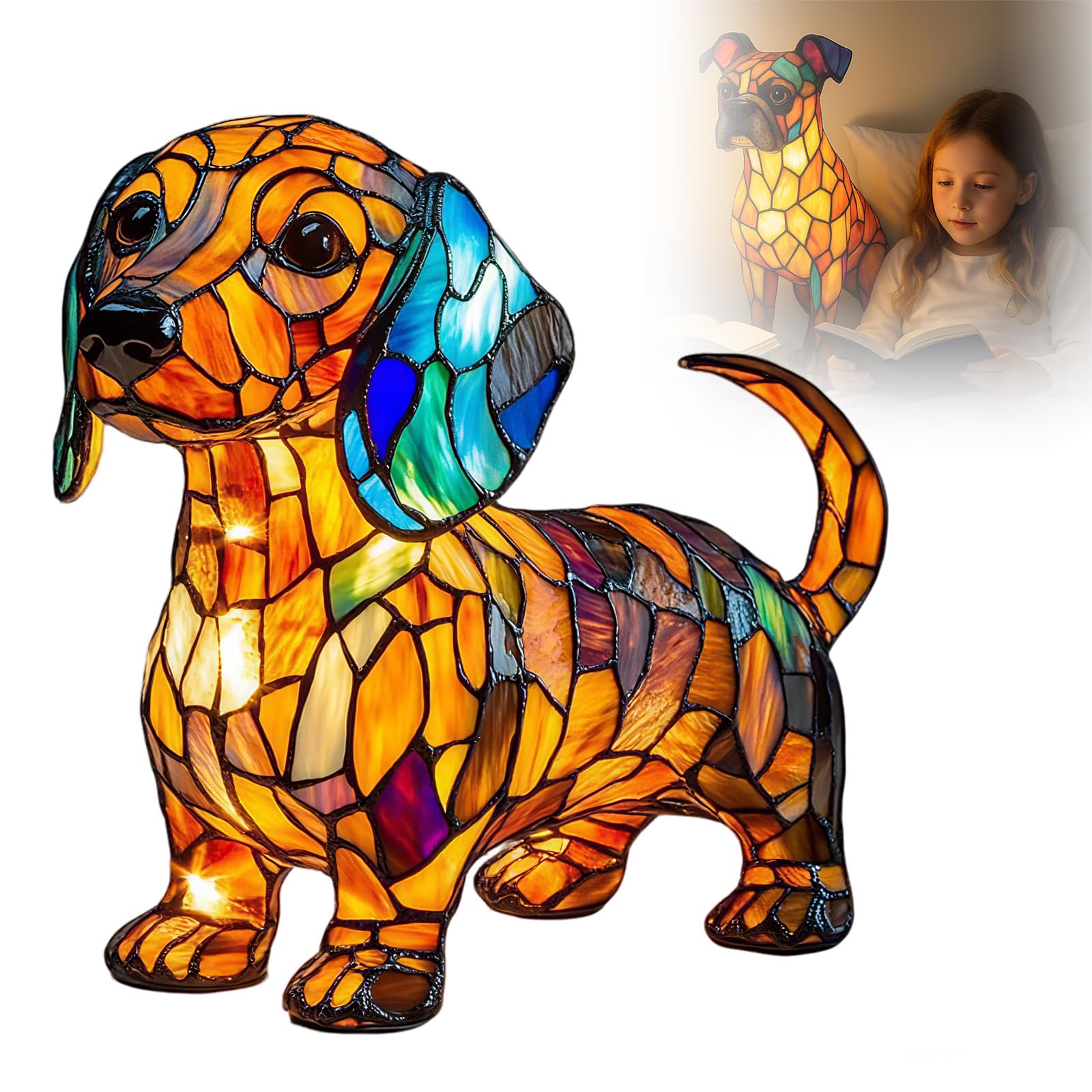 Wongify Pug Lamp Stained, Dog Series Art Night Light, Stained Resin Animal Table Lamp for Bedroom Living Room Desk & Bedside Home Decor (Dachshund Lamp)