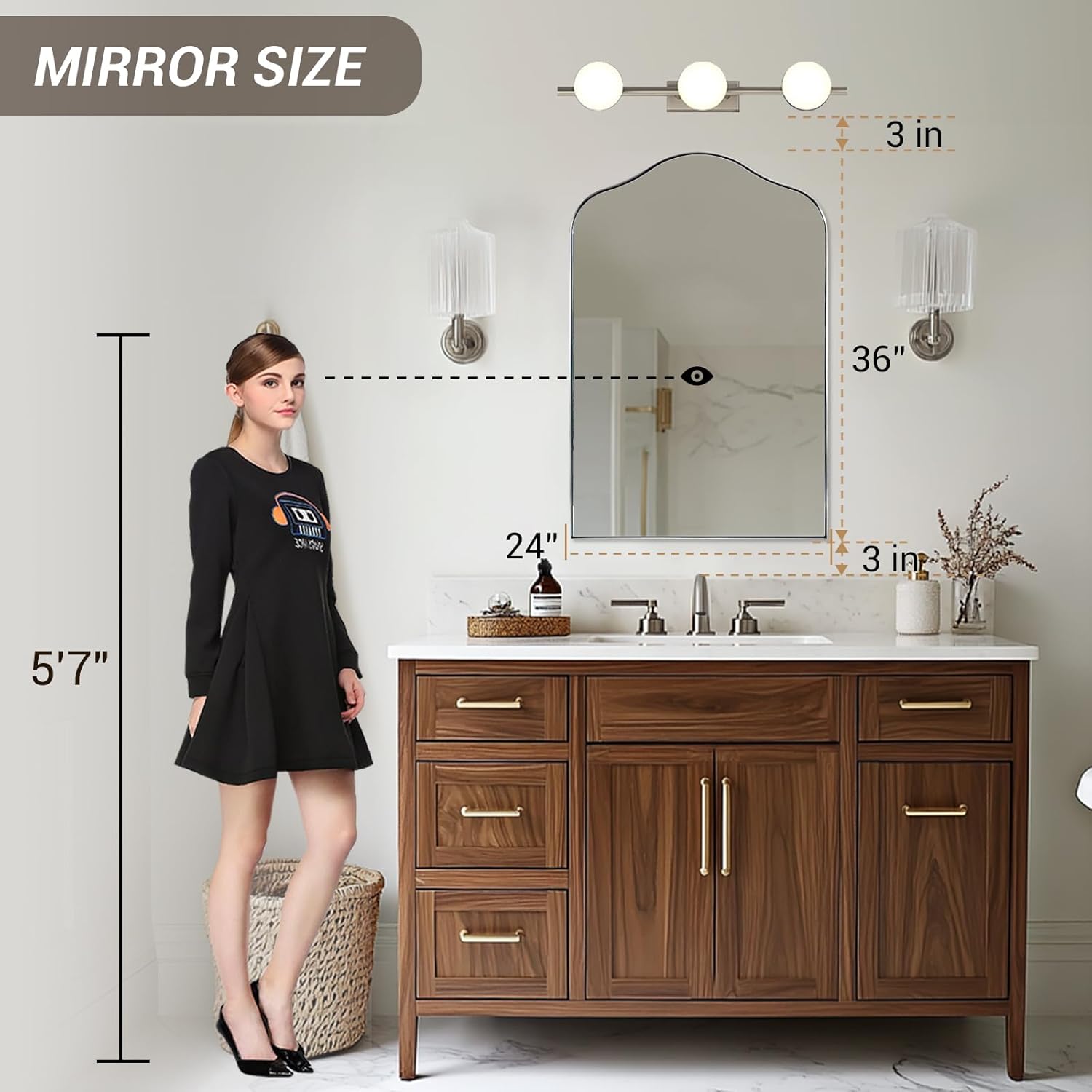 ANDY STAR Scalloped Arched Mirror, 24x36 Brushed Nickel Irregular Bathroom Mirror for Vanity, Asymmetrical Curved, Silver Anti-Rust Stainless Steel Frame, for Over Sink, Bedroom, Mantel, Fireplace