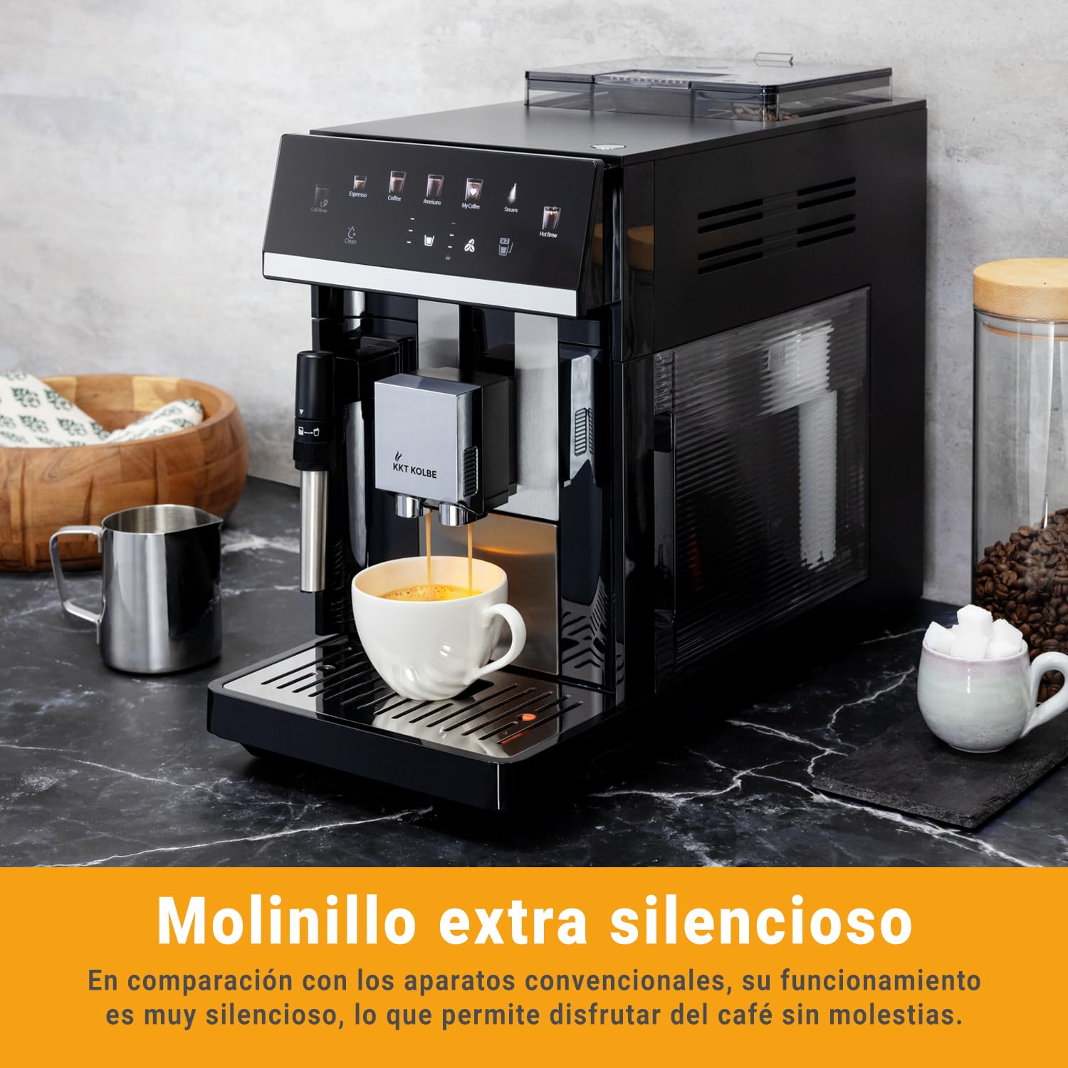 KKT KOLBE Cafetera totalmente automática con boquilla de espuma de leche, ColdBrew y accesorios, función de 2 tazas, 15 bar, molienda de 7 etapas, pantalla táctil, limpieza automática, negro y plata