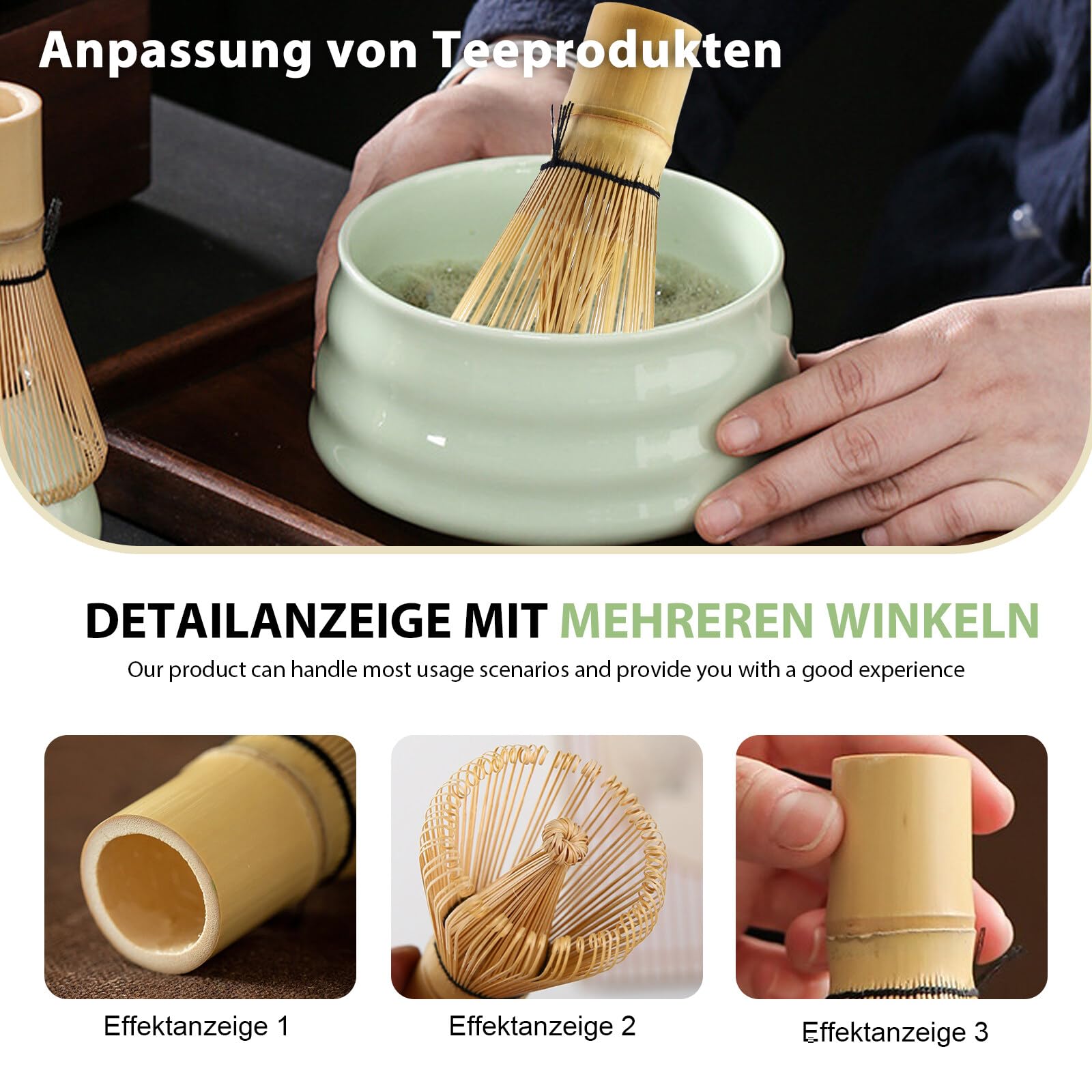 Vaileal Kit De Thé Matcha 4 Pièces : Bol en Céramique, Fouet en Bambou Artisanal, Ensemble Complet pour Cérémonie du Matcha en Couleur Verte